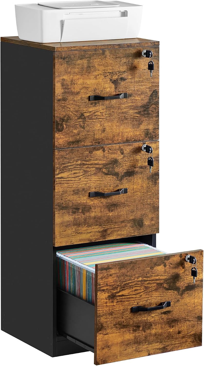 VASAGLE File Cabinet, Filing Cabinet for Home Office, Printer Stand, with 3 Lockable Drawers, Adjustable Hanging Rails, for A4 and Letter-Size Files, Rustic Brown and Ink Black OFC055B01