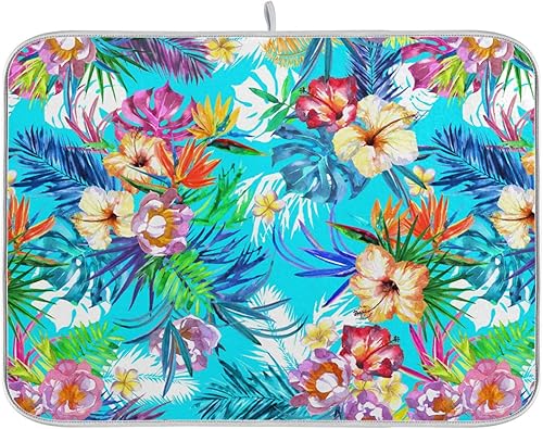 Tropical Flower Hibiscus on Blue Dish Drying Mat Counter Top Accessories Kitchen Countertop Protector Heat Resistant Tapete Para Cocina 16'' x 18''