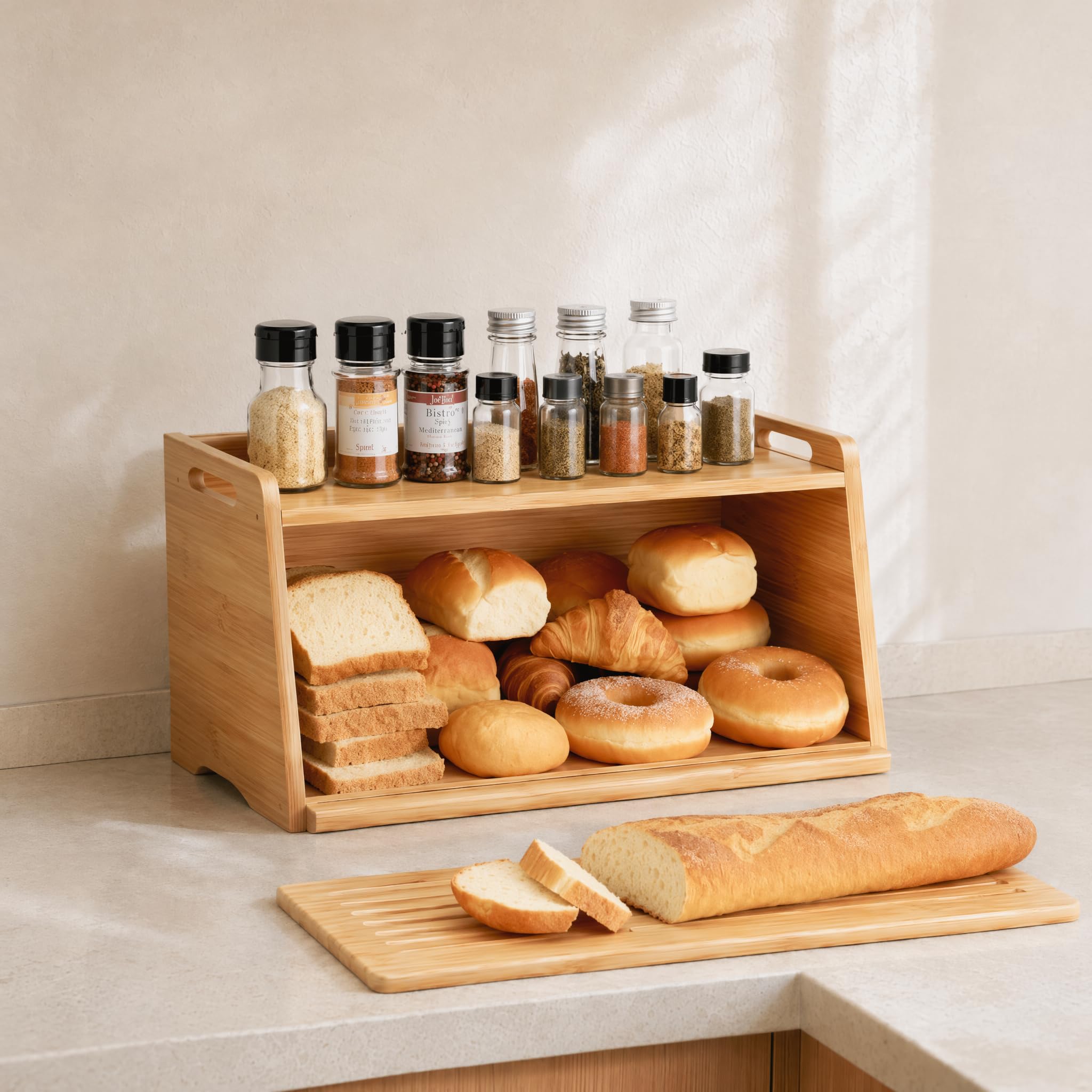 LEMIKKLE Panera de bambú con tabla de cortar, caja de almacenamiento de pan para mantener la comida fresca, adecuada para la cocina, se puede utilizar para almacenar pan, frutas, productos horneados