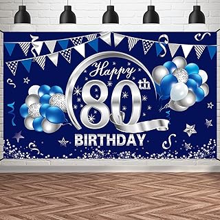 Kauayurk Blue Silver 80th Birthday Banner Decorations for Men - Happy 80 Birthday Backdrop Party Supplies - Eighty Birthday Poster Photo Props Background Sign Decor