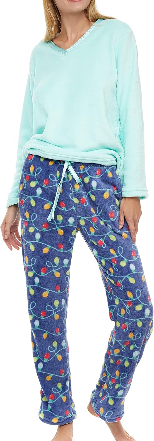 Alexander Del Rossa Women's Soft Warm Fleece Pajamas Plush Lounge Set, Long V Neck Top and Pants, PJ