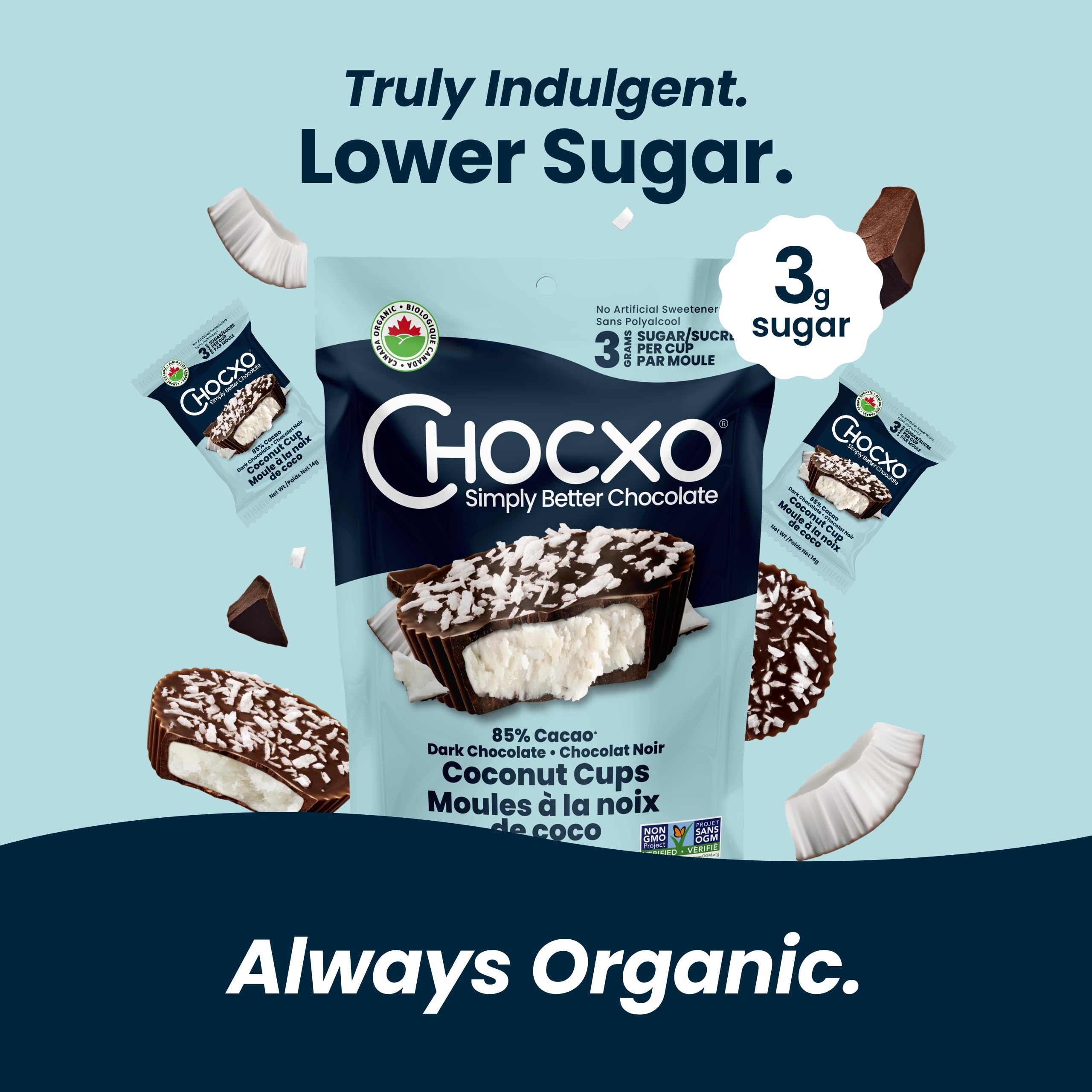 Chocxo Dark Chocolate - Lower Sugar, Organic, NonGMO, Keto, Gluten