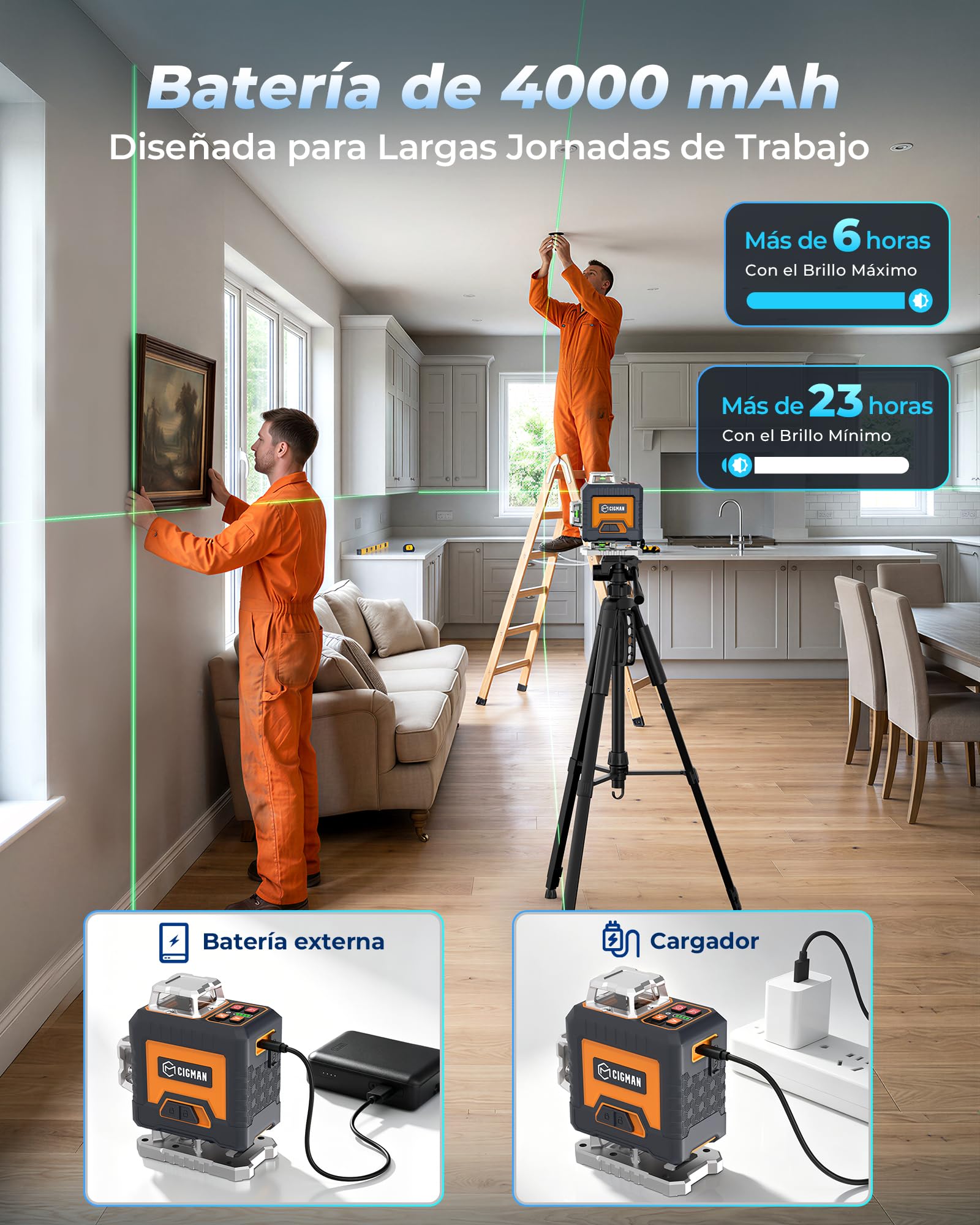 CIGMAN G16 Nivel Láser Verde 4x360 Autonivelante de 16 Líneas | Control por App, 4 niveles de brillo, modo pulso e ideal para alicatar, instalar armarios y techos.