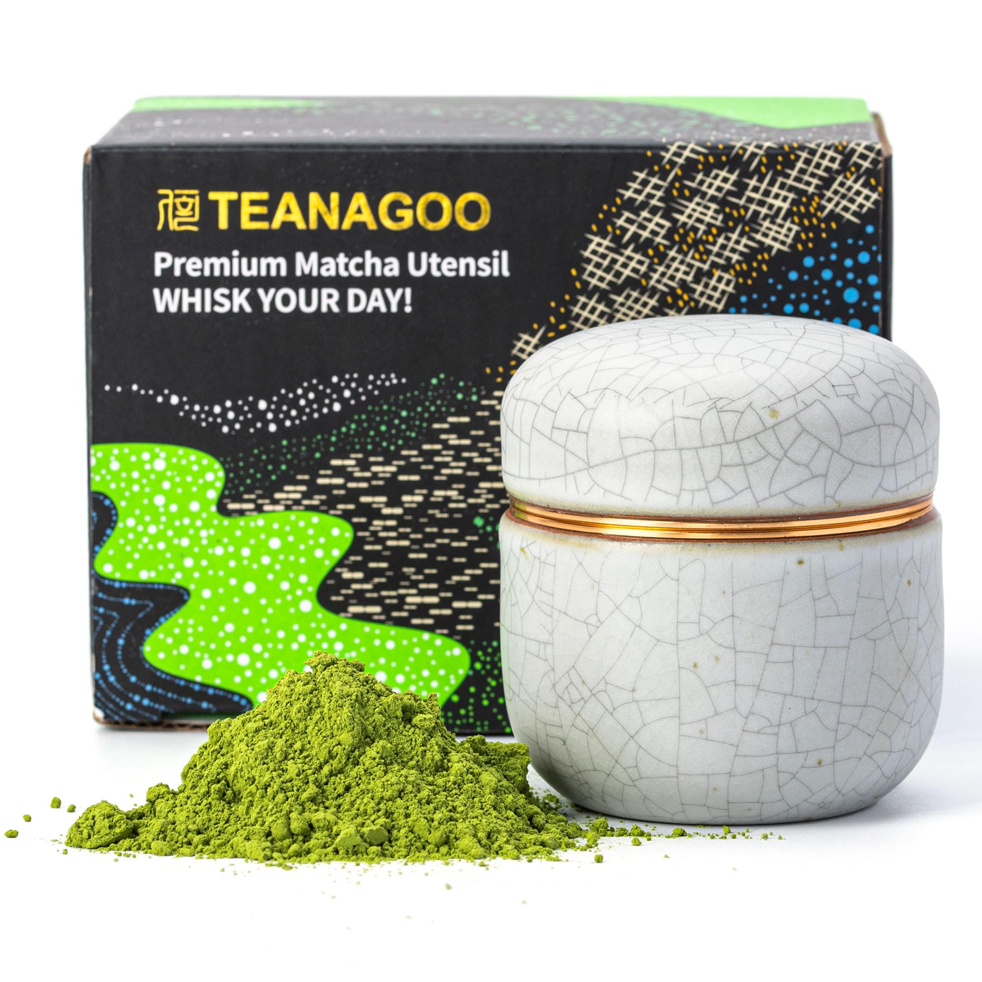 TEANAGOO Portable Ceramic Matcha Tea Canister | 2.8oz Double Sealed Storage Container with Aluminium Lid, Compact Design, Ideal for Travel Kitchen, X5, Ivory White with Black Stitching
