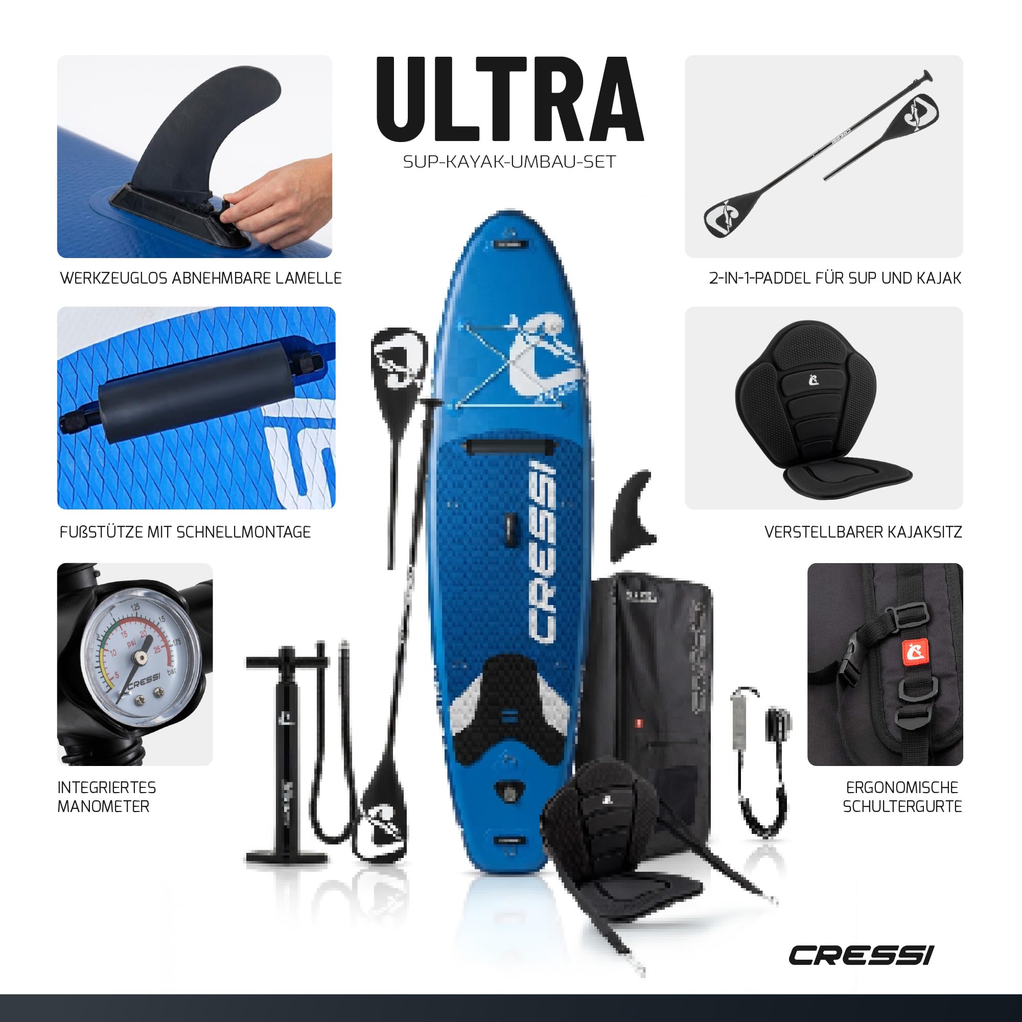 CRESSI seit 1946 - Ultra Isup/Kayak Set - Aufblasbares SUP Board für Erwachsene Große Stabilität Strapazierfähigkeit Komplett Zubehör Paddel Flosse Pumpe Leine Tasche_320x81x15 cm Max 130 kg