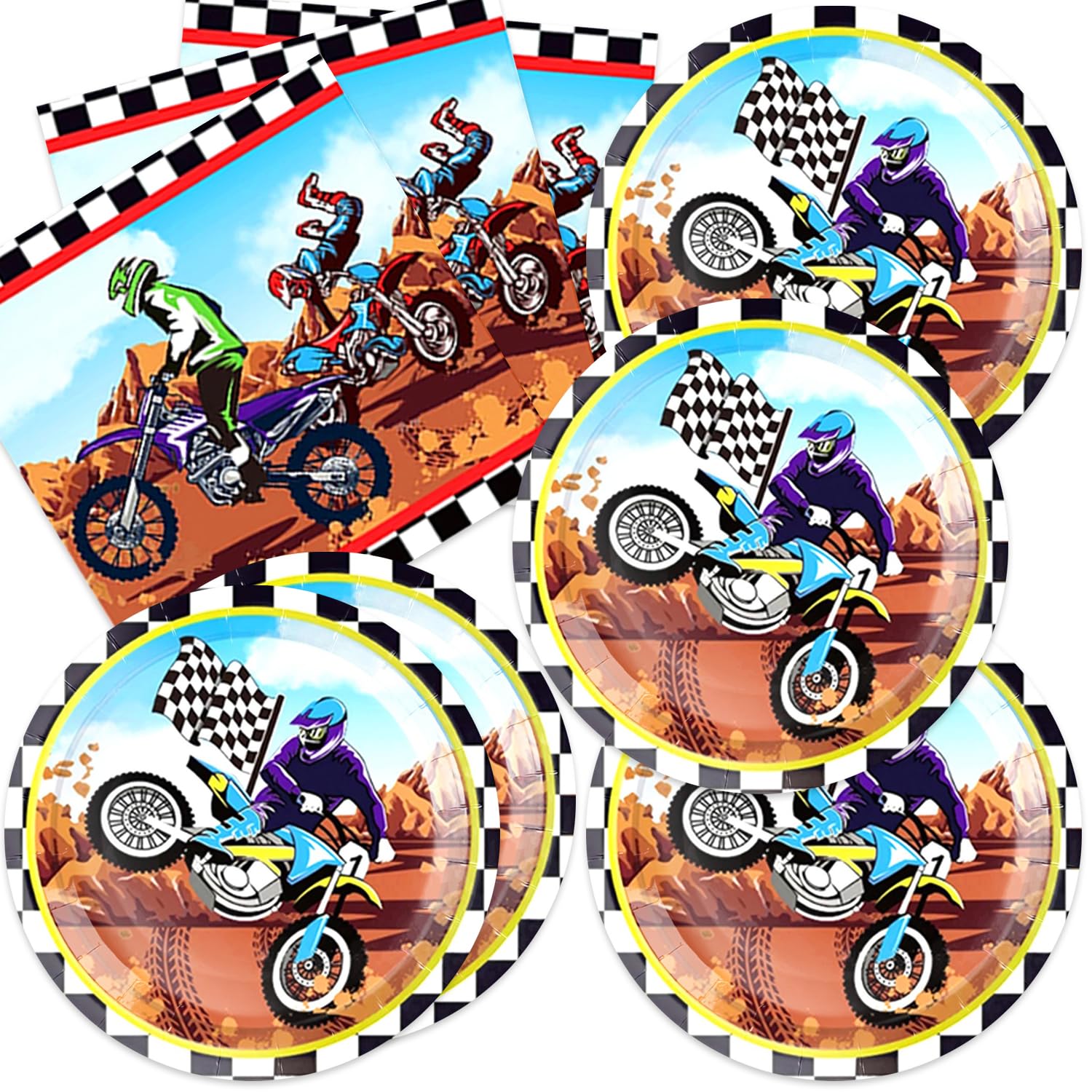 Set Complet Décorations Anniversaire Dirt Bike Moto - Bannière, Vaisselle Et Ballons Pour 20 Personnes
