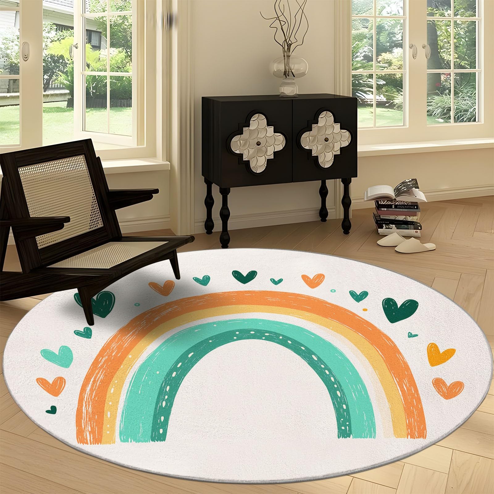 Générique Beige Tapis Rond Lavable en Machine 100 cm, Dessiné À La Main Bohème Arc en Ciel - Tapis Rond imprimé antidérapant à Poils Courts pour Salon, Chambre d'enfant, décoration de Chambre