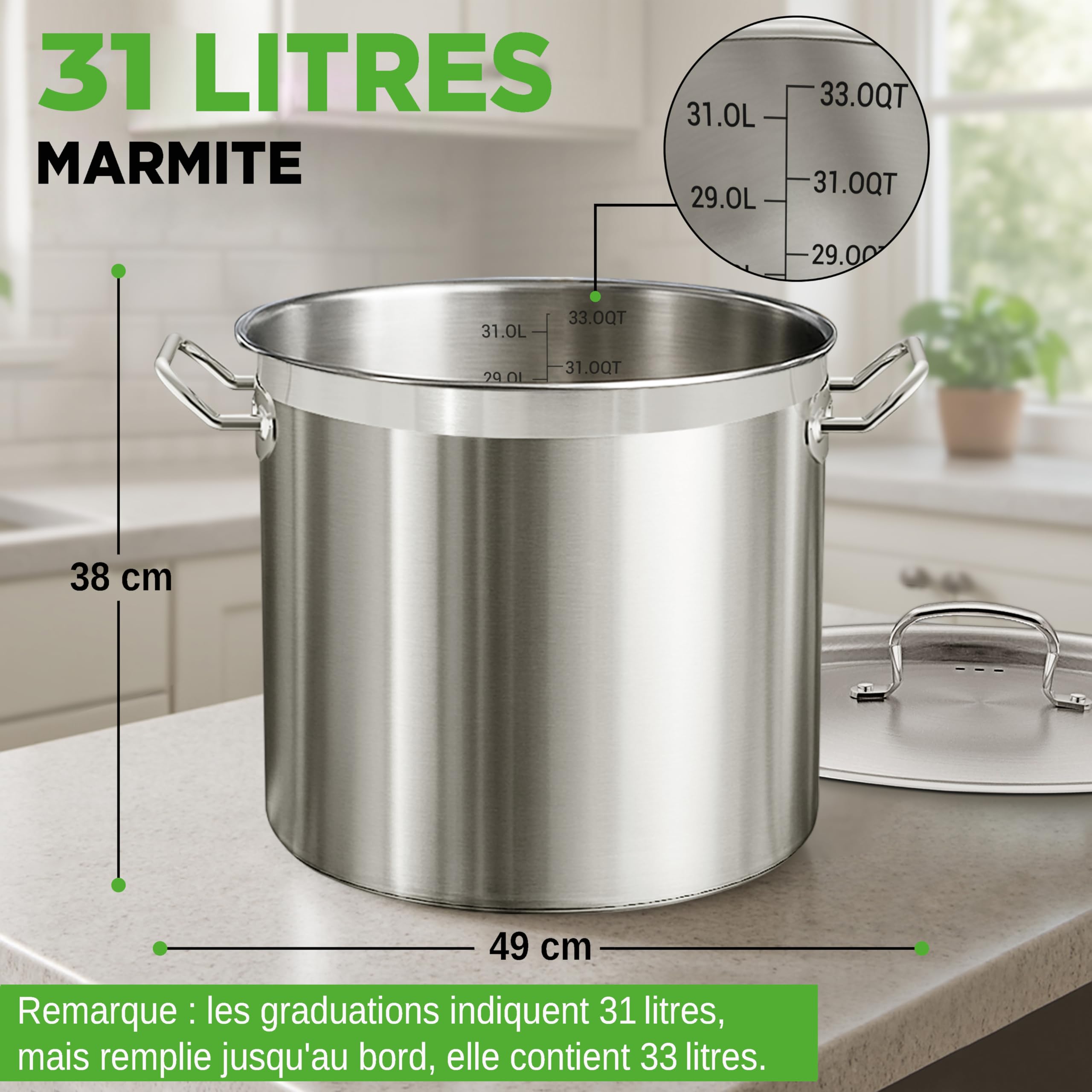 NutriChef Marmite Inox 35 QT (31 L) avec Couvercle – Grande Marmite à Soupe, Faitout Inox Tous Feux dont Induction – Grande Capacité Acier Inoxydable