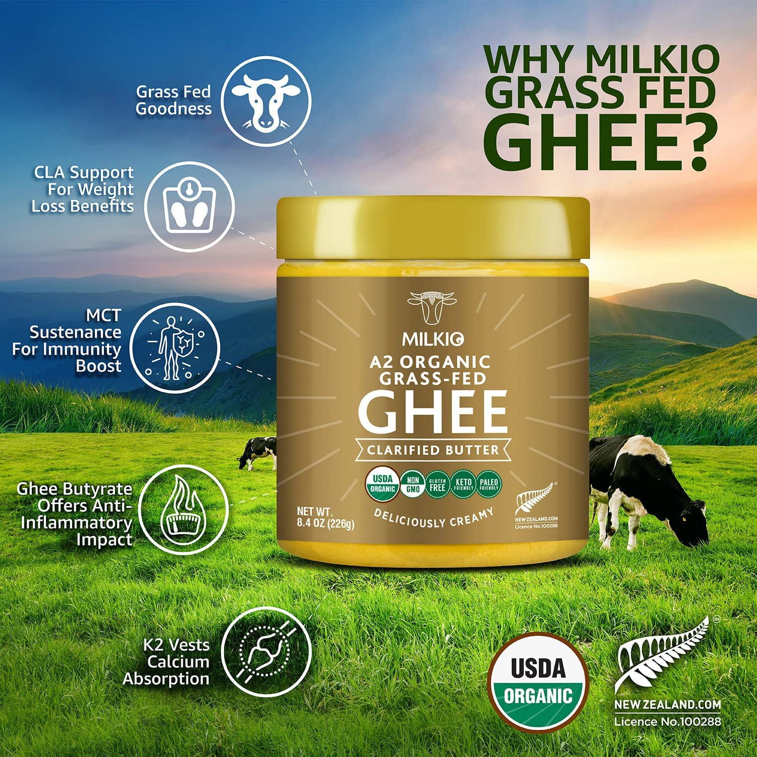 MILKIO A2 Organic Grass Fed Ghee USDA Certified Organic Clarified