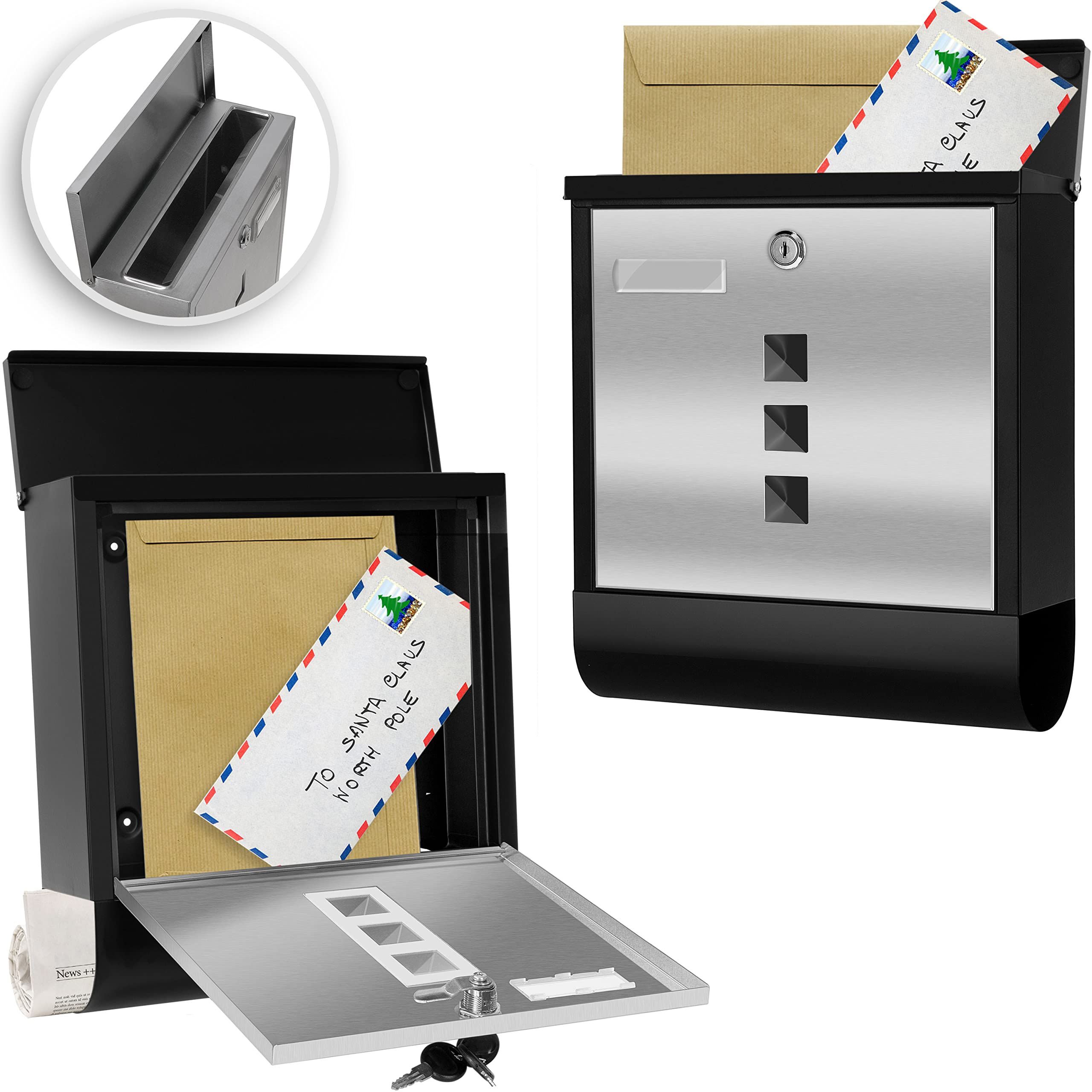 KESSER® Buzón de Acero Inoxidable con Placa de Nombre para el Compartimento del periódico, Ventana de visualización, Cepillado, con Cierre de 3 Llaves, con Recubrimiento, Negro/Plata