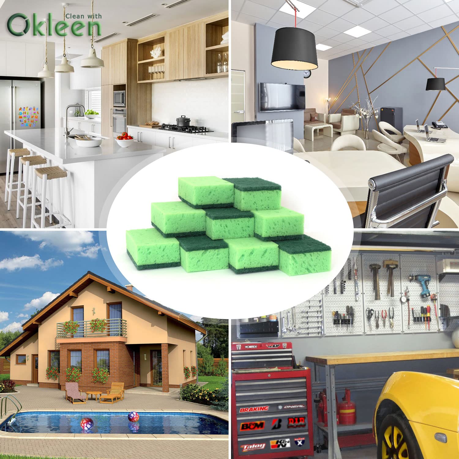 Esponja multiusos verde para fregar. Fabricado en Europa. Paquete de 9, 4.3 x 2.8 x 1.4 pulgadas. Fibra resistente e inodora. Las mejores esponjas y estropajos de cocina duraderos, delicados,
