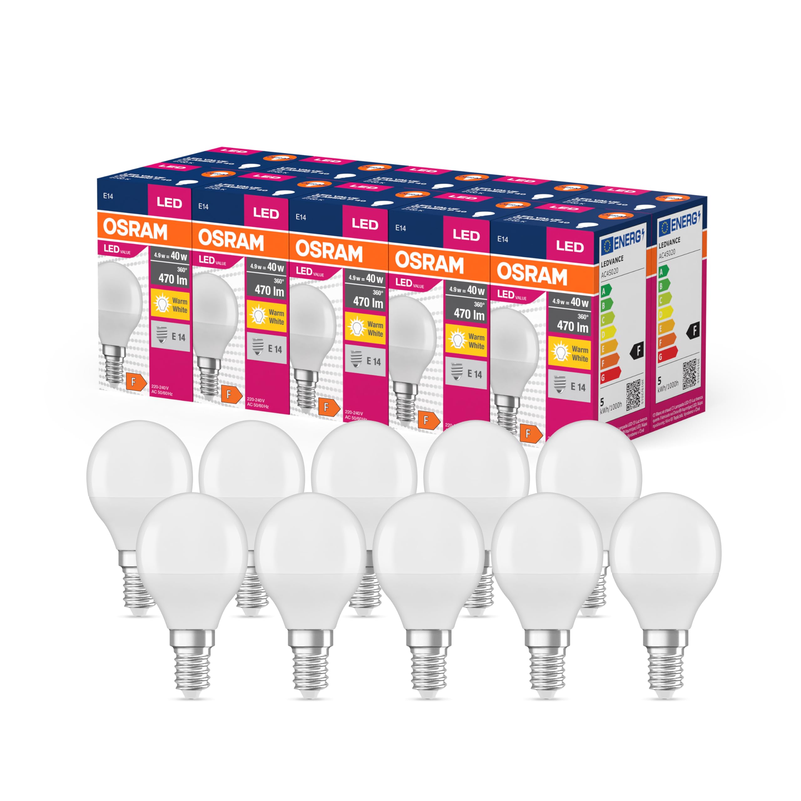 Osram LED Star Value Classic P40 LED Lampe für E14 Sockel, Tropfenform, FR, 470 Lumen, warmweiß (2700K), Ersatz für herkömmliche 40W Glühbirnen, nicht dimmbar, 10er-Pack