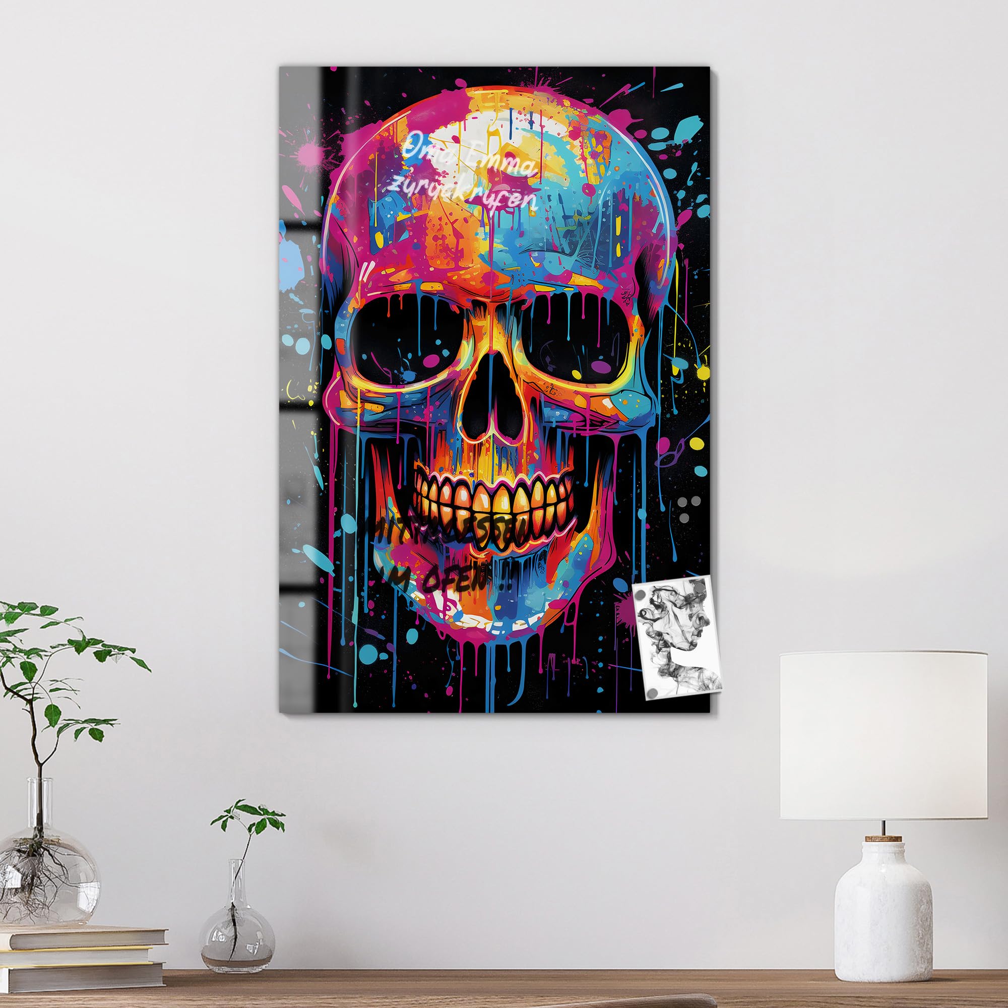 DEQOART Pizarra magnética de cristal, 60 x 90 cm, diseño "vivaz transitoria", pizarra magnética de cristal, incluye imanes, bolígrafo y paño para cocina y oficina, pizarra magnética y se puede