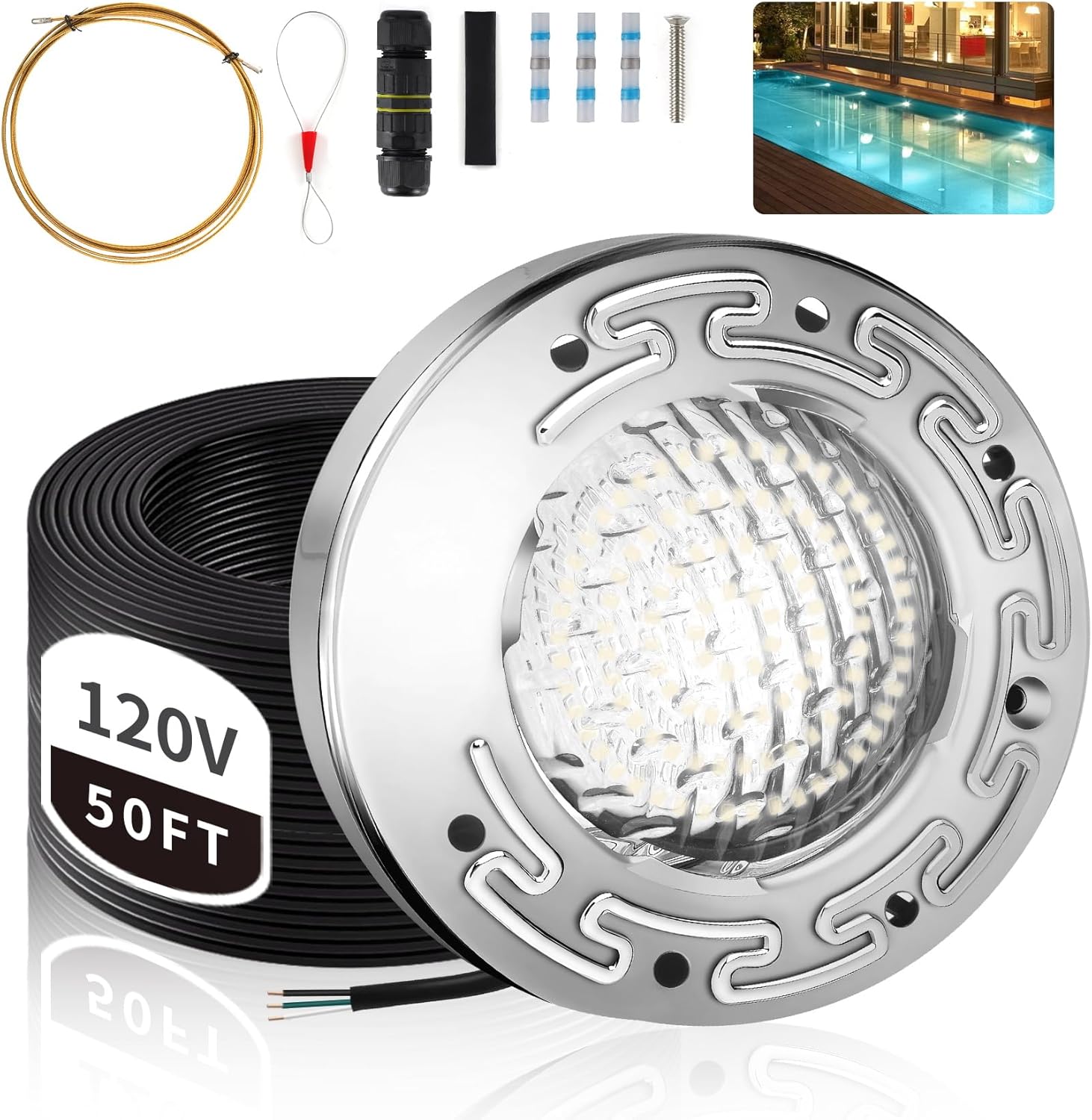 6 Inch LED Underwater Spa Light for Inground Pool, 50FT AC120V 6000K White Led Pool Light with Junction Box & Threader, for Pentair & Hayward Wet Niches, IP68 Waterproof No Transformer Needed