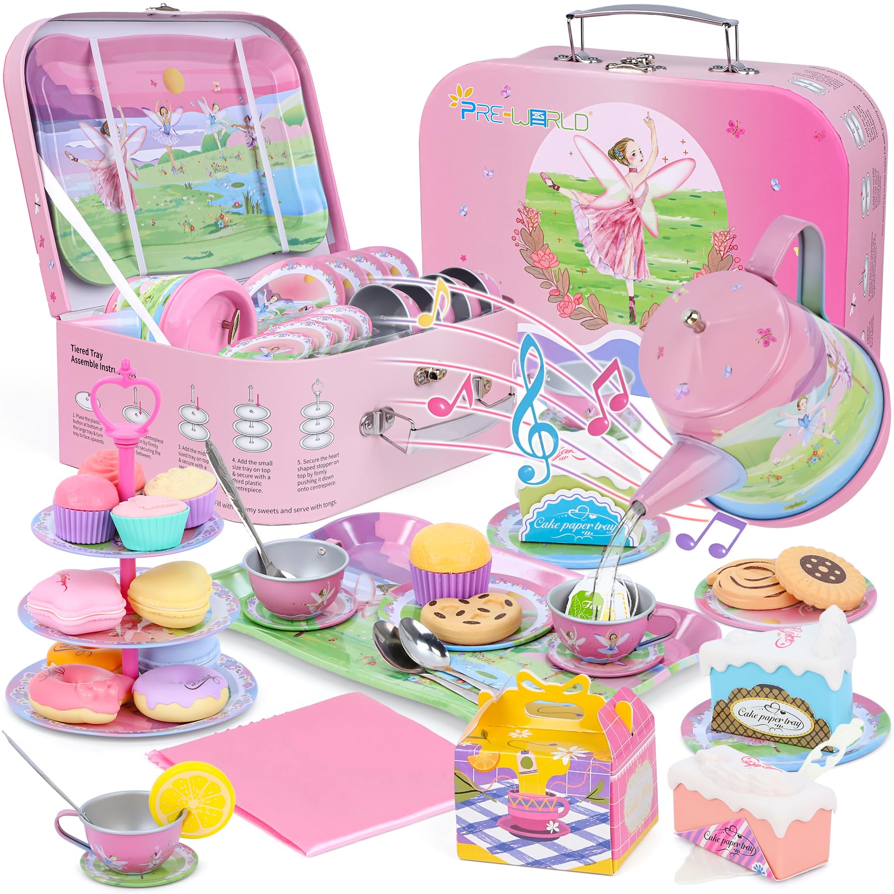 PRE-WORLD Tea Party Set 53Pcs,Musical Tin Teapot Toy Toddler Girls Ages 3-6