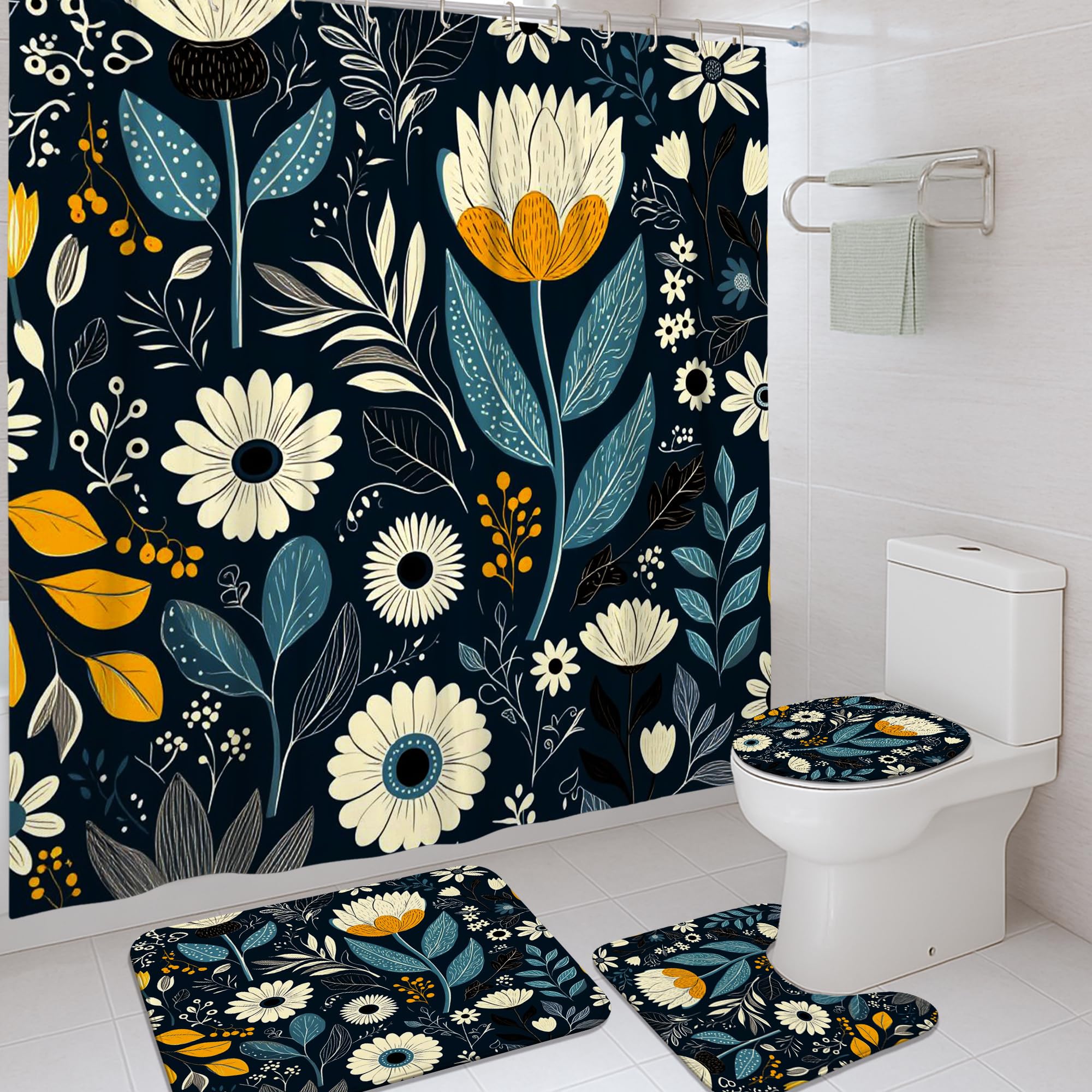 Rideau de douche motif floral moderne feuilles baies printanières avec tapis de bain