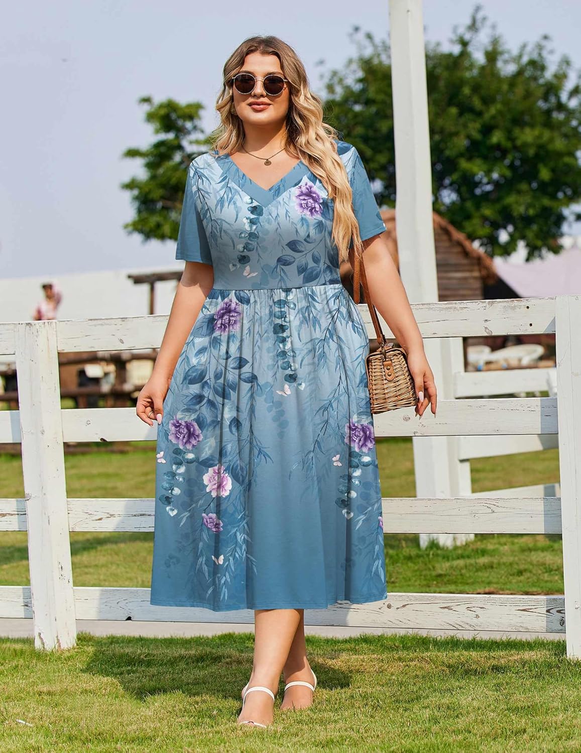 IN'VOLAND Women Plus Size Casual Dress Short Sleeve Vneck Summer Midi Dresses Aline Loose Sundress with Pockets - Image 2