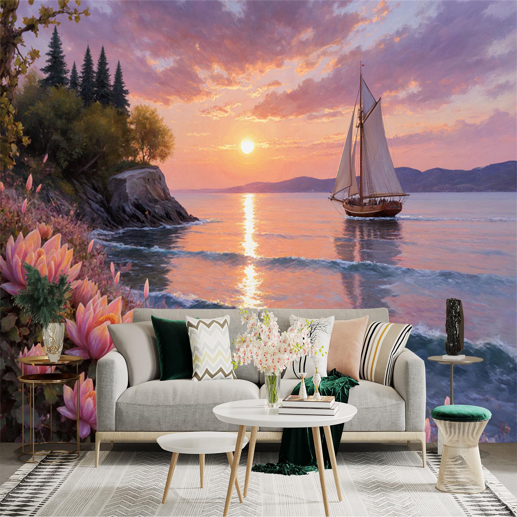 Lnzczhyre Xc260505494 Custom Size Wall Sticker Mural， Sailboat On Calm Ocean， Sunset Seascape， Blooming Lotus Flowers， Tropical Coastal View， For Wall Decoration， Peelandstick Wall Decals.