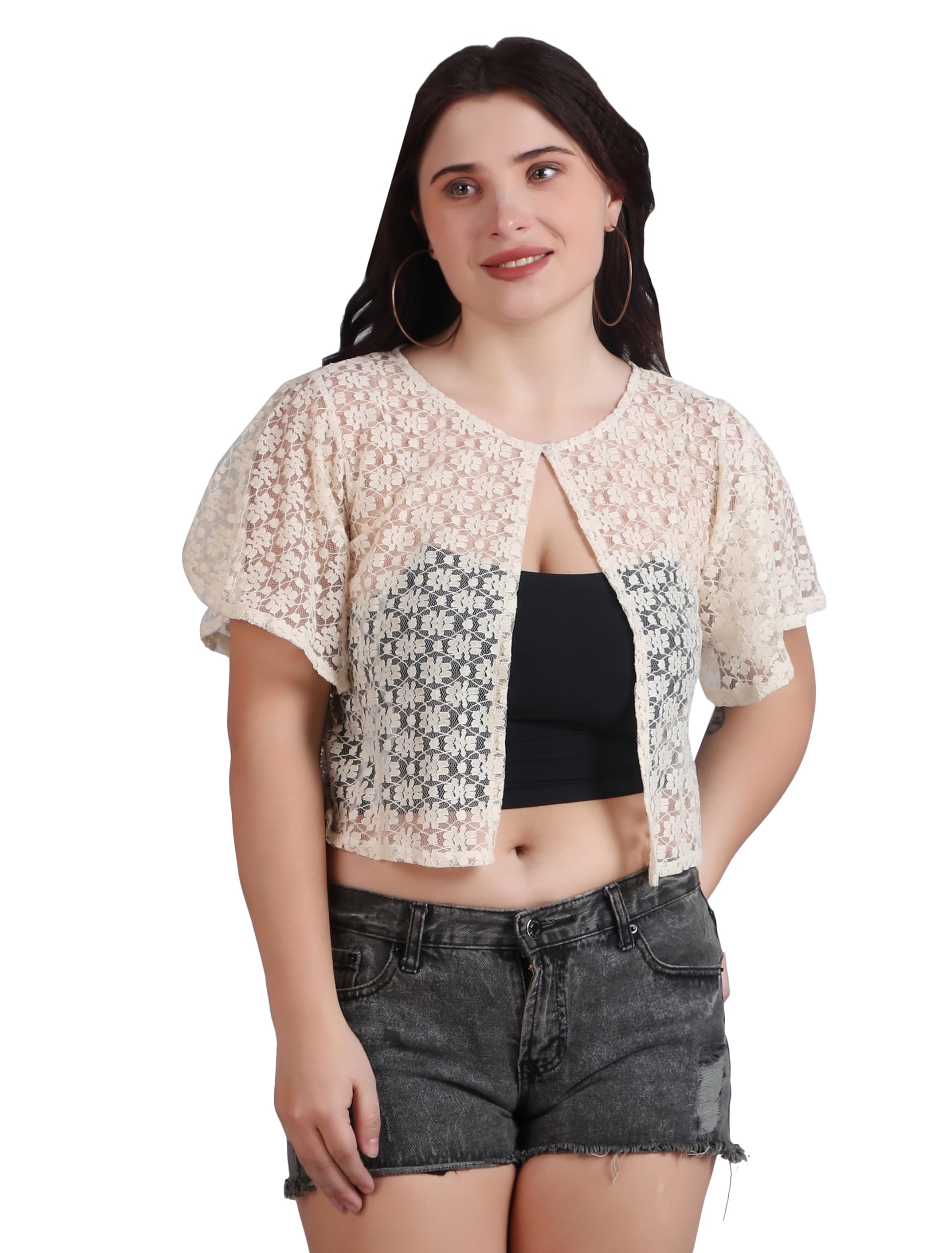 Women Self Design Cotton Lace Round Neck Flared Sleeve Shrug | Front Open, Button Closure-picture-53