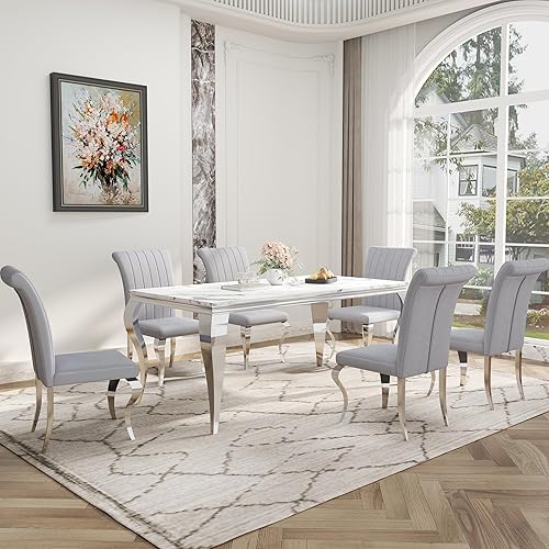 Miniatura 30 de Juego de mesa de comedor de 7 piezas para 6, juego de mesa de comedor de mármol sintético con mesa de comedor de mármol de 70 pulgadas y 6 sillas de