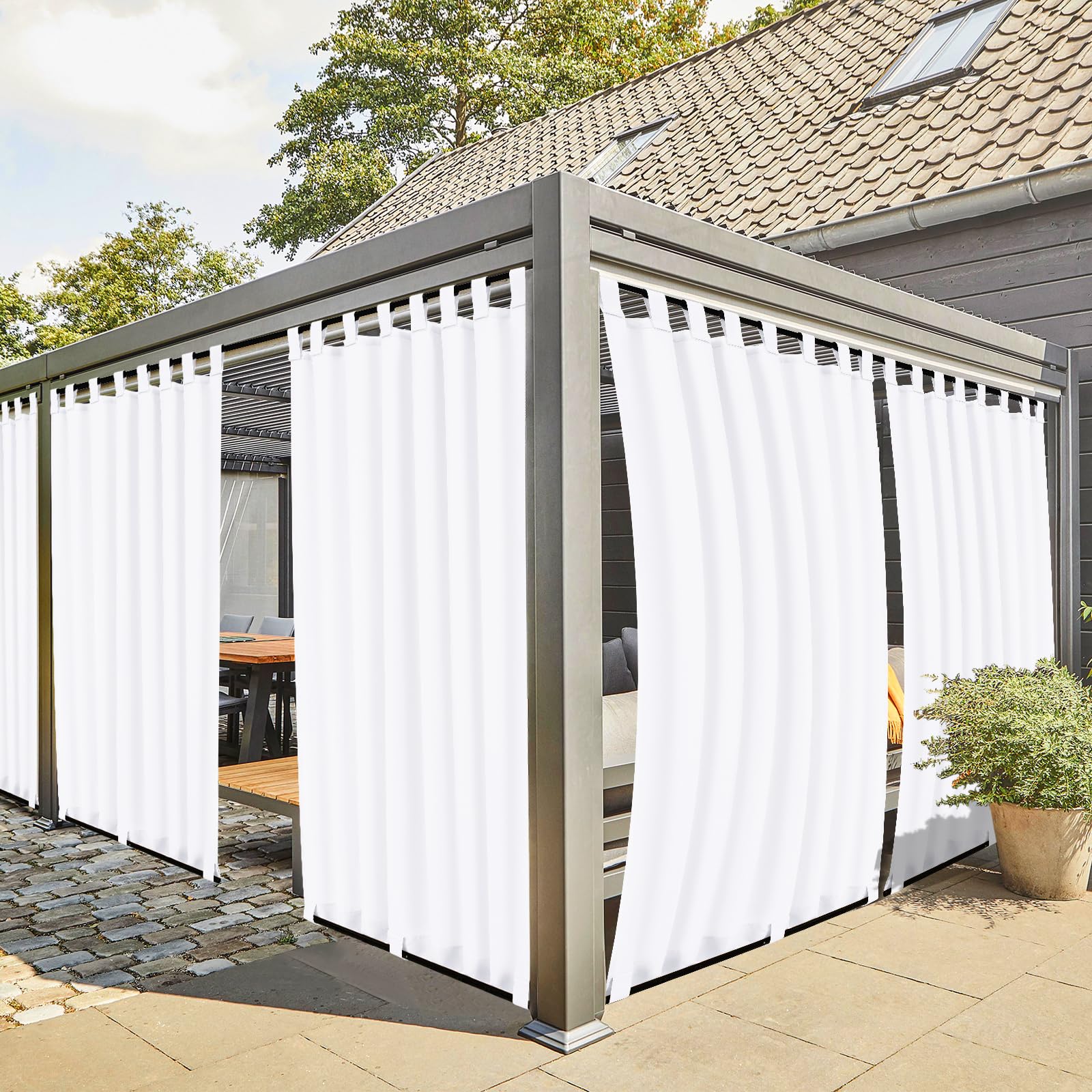 Teruntrue Rideau d'extérieur 2 pièces résistant aux intempéries avec Sangles à Scratch, Voilage Balcon terrasse, Protection Solaire et intimité, Passants en Bas, H220 x L155 cm, Blanc