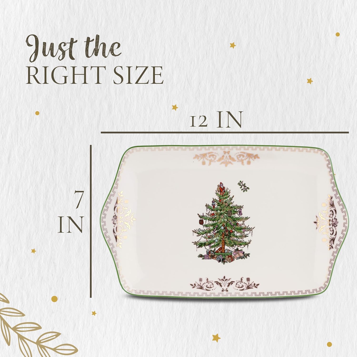 Spode Christmas Tree Gold Dessert Tray - 12" Fine Porcelain Festive Serving Platter with Red Ribbons, Holiday Collectible Dish for Entertaining & Desserts - Winter Holiday Serveware Gift
