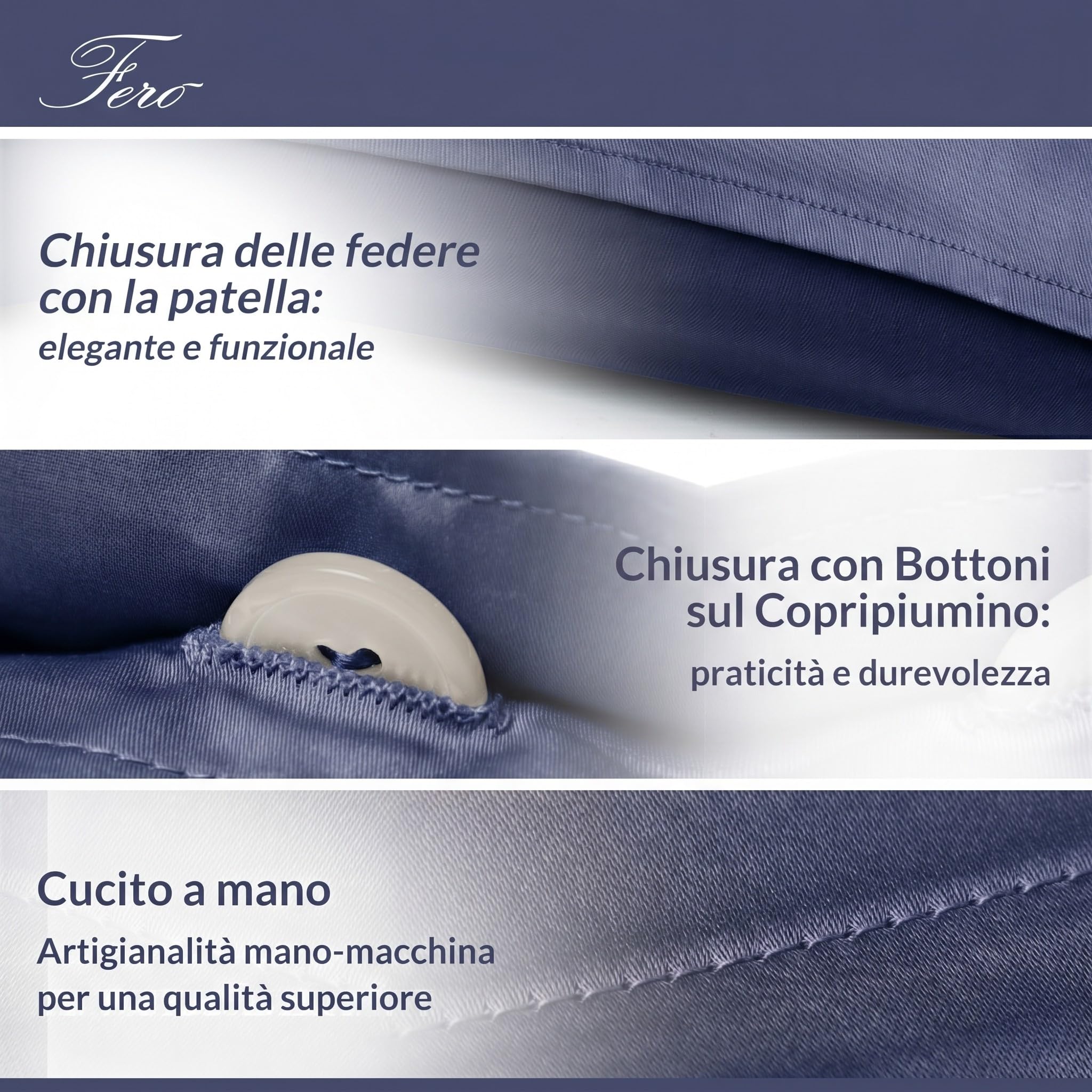 Ferò Set Copripiumino Matrimoniale 240x220, 2 Federe 50x75, Pregiato Raso di Cotone 300TC Fibra Lunga, Set Copripiumino Matrimoniale Cotone, Duvet Cover, Sacco Copripiumino Matrimoniale, Blu