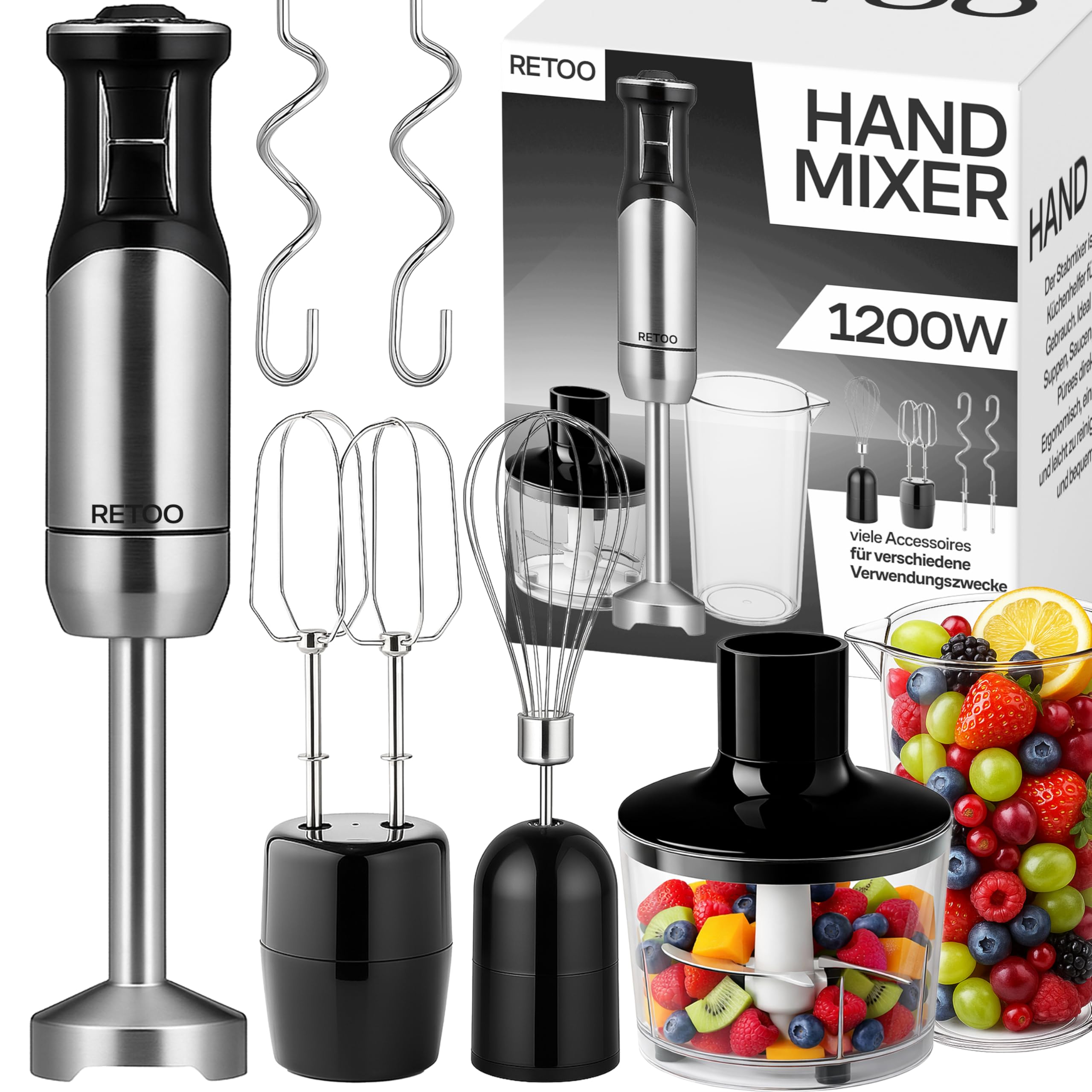 Retoo Set di frullatori a mano multifunzione, 1200 W, 15000 giri/min, turbo e 8 livelli di velocità, collo anti-spruzzi