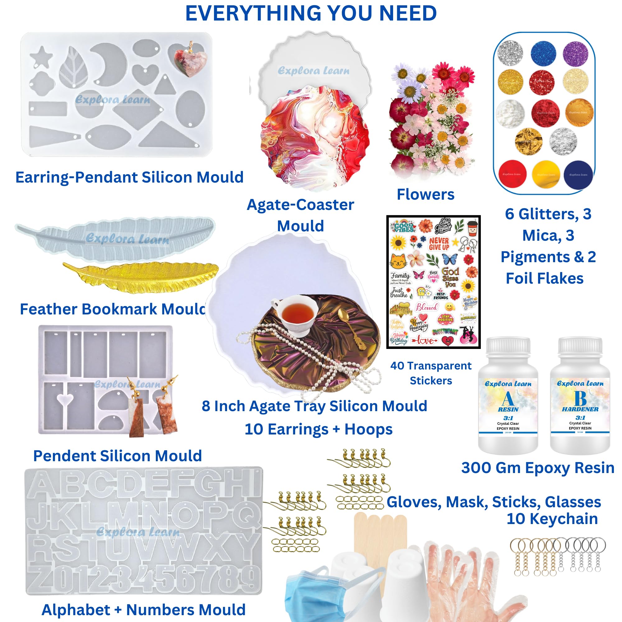 exploralearn Ultimate Resin Art Kit - DIY Coaster Kit with 200 gm Epoxy Resin and silicone moulds - Comprehensive Resin Art Materials - Mica, Glitters and Flakes|Resin Art Kit for beginners|Multicolor