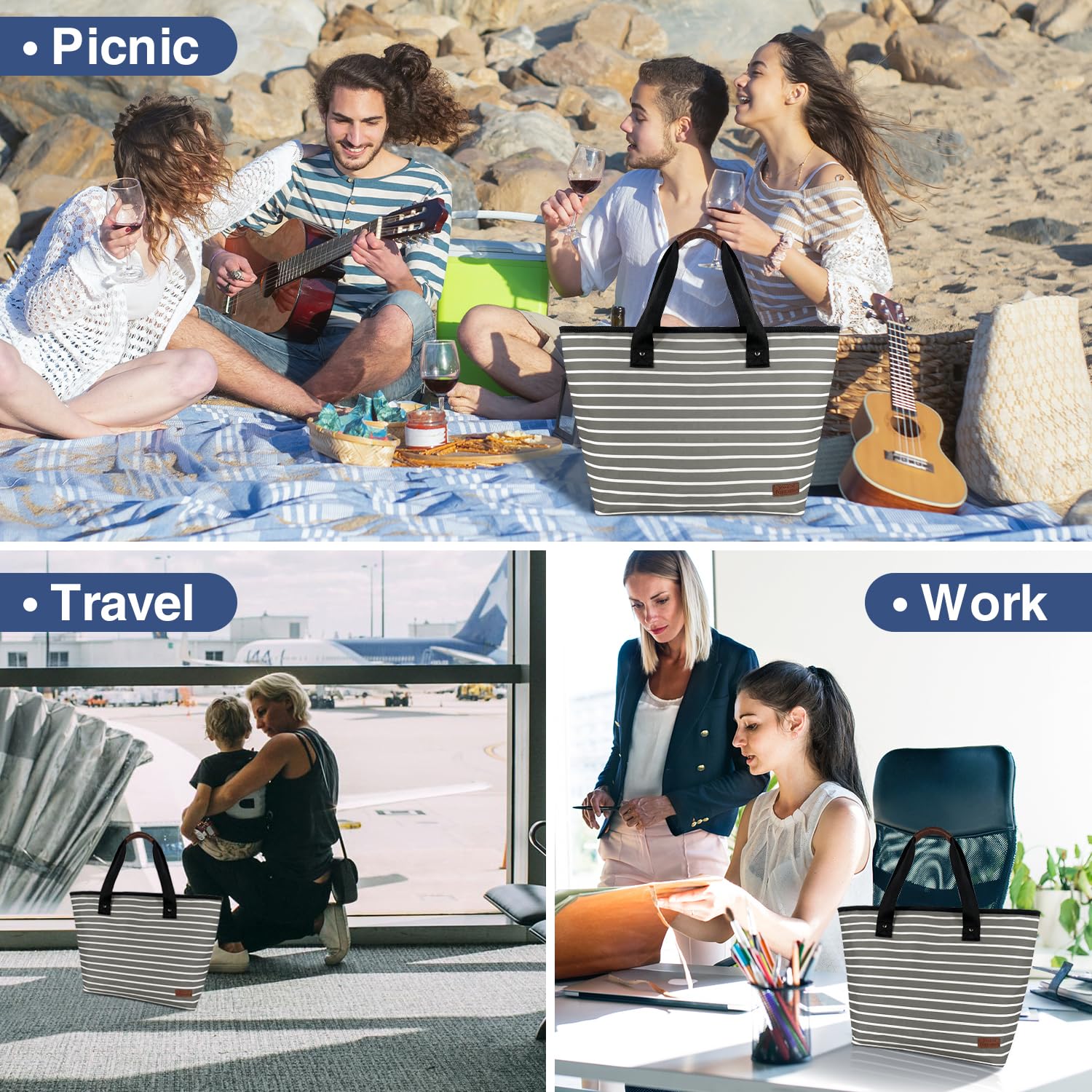 Bolsa térmica grande aislada azul de 30 latas de 18 L, a prueba de fugas, bolsa de comestibles reutilizable, lonchera para picnic, playa, camping, color gris