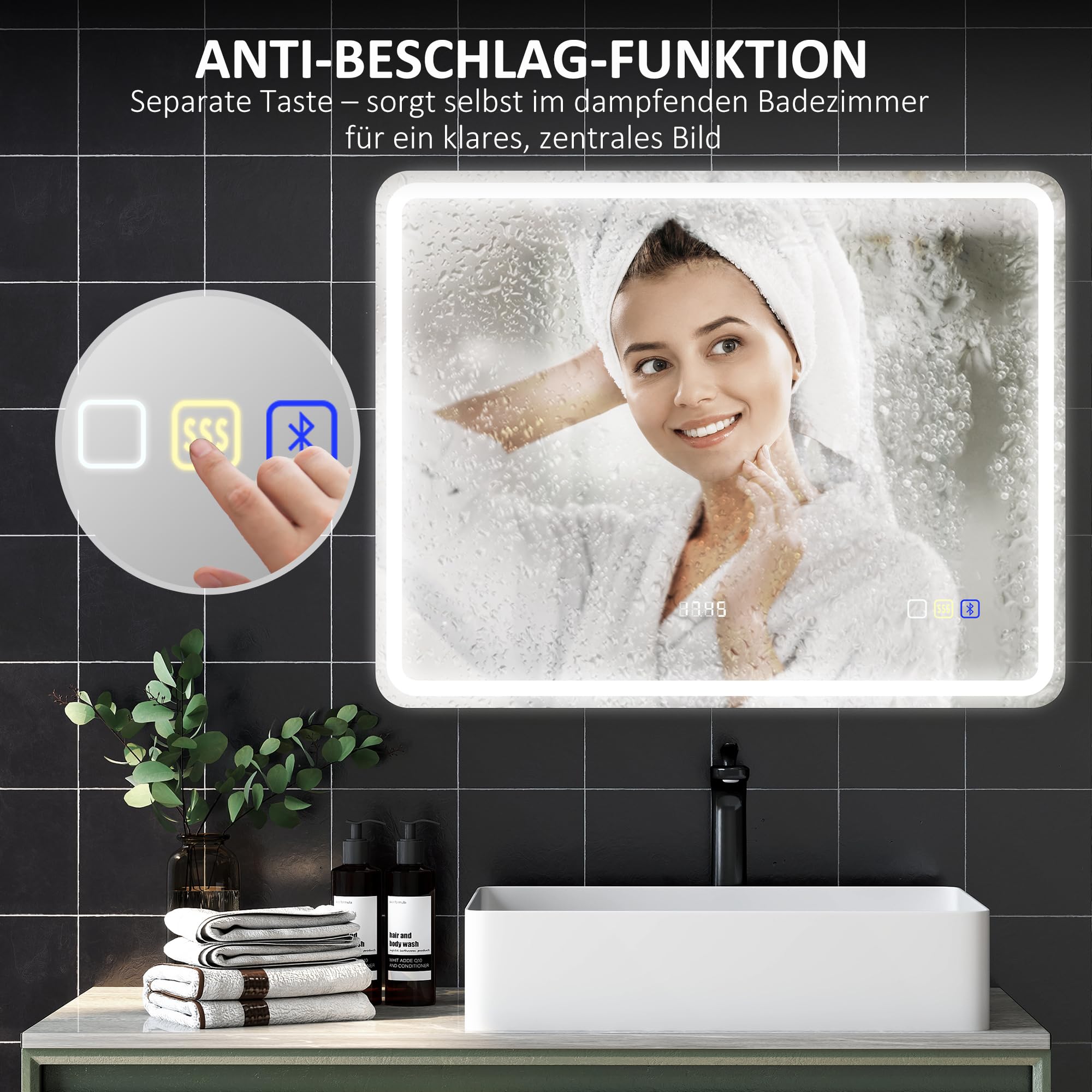 Miroir De Salle De Bain HOMCOM LED 70x90cm - Éclairage 3 Couleurs, Bluetooth, Anti-Buée, Horloge, Tactile - Miroir Lumineux Intelligent