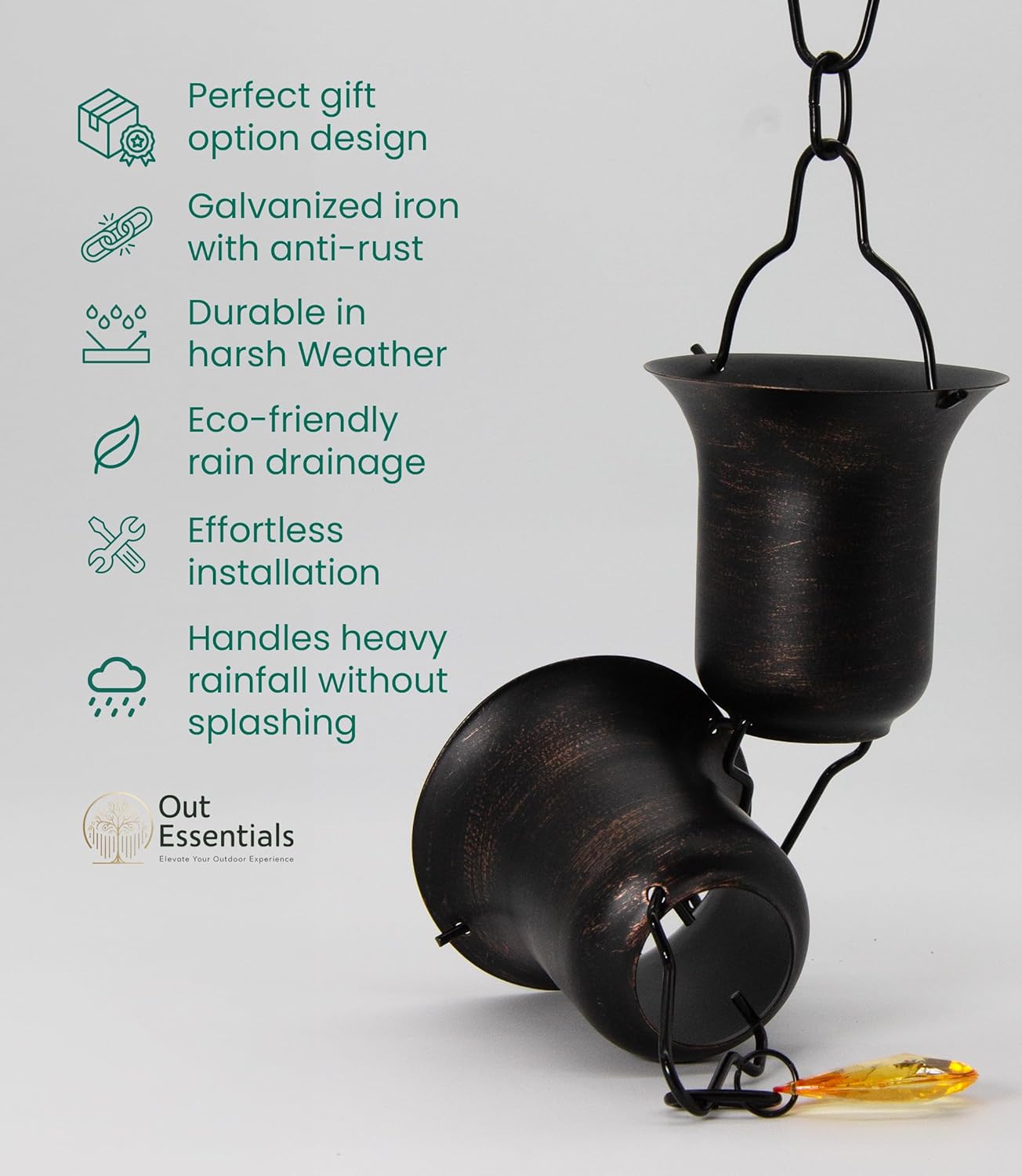 Copper Rain Chain 9 FT, 11 FT Installed with Anchor Stake and Gutter Adapter, Durable Heavy Duty Rain Chains for Gutters for Heavy Rain, Rust Resistant, Outdoor Decor for Homeowners