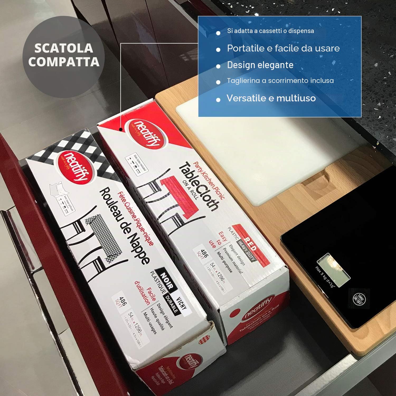 Neatiffy Tovaglia usa e getta, in plastica spessa, impermeabile, taglierina per lunghezze speciali, per tavoli rettangolari, quadrati, rotondi, ovali, 1,37 x 32,9 m, a quadretti neri