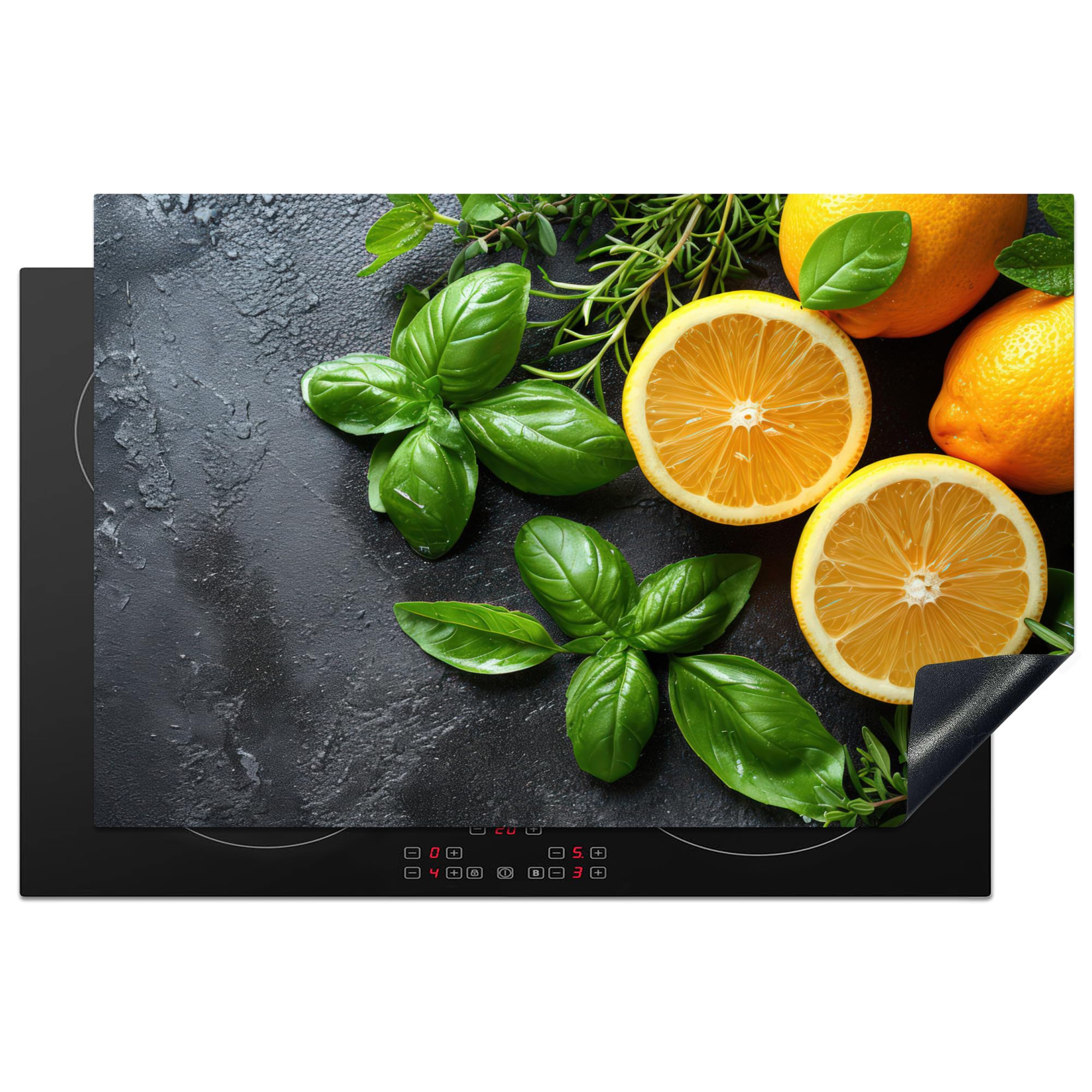 KitchenYeah© Herdabdeckplatte Einteilig Induktionsmatte Küche Abdeckung Ceranfeld Herd Abdeckplatte Deko Vinyl Matte Aufrollbar Obst - Grau - Konkret - Orange - Pflanzen - 81x52 cm