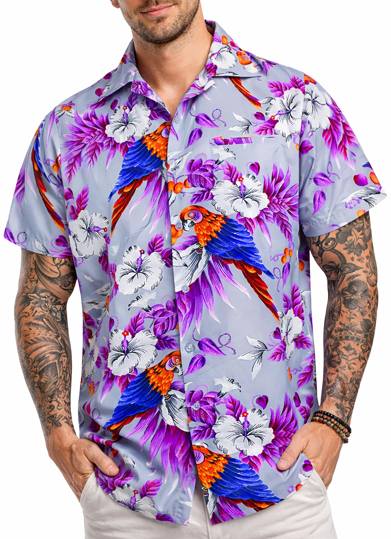 King Kameha Hawaiian Shirt for Men – Tropical Men’s Hawaiian Shirt Short Sleeve, Cherryparrot, Grey, XXL