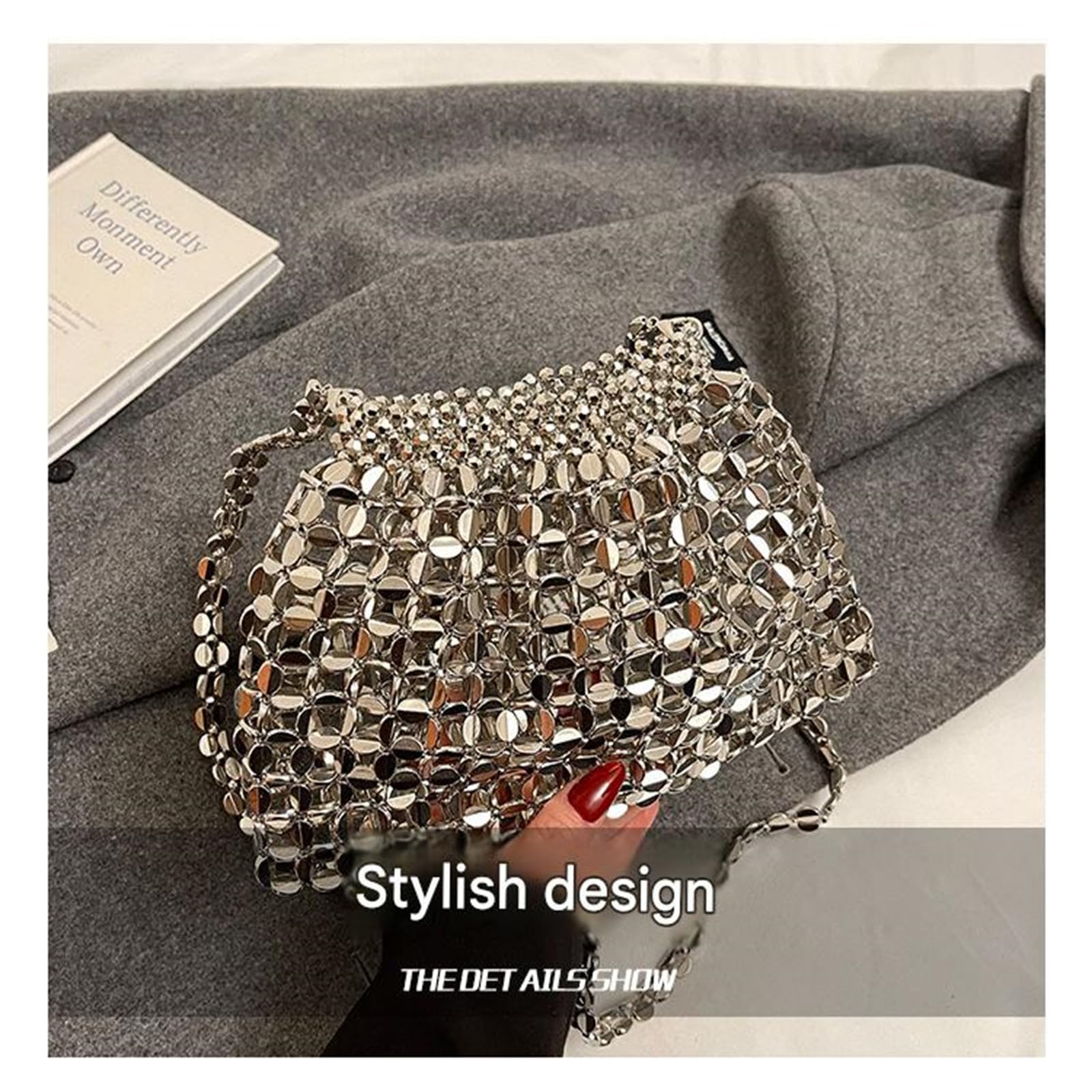 Borsa Semplice Sottobraccio da Donna con Catena di Perline Intrecciate-Grande Argento