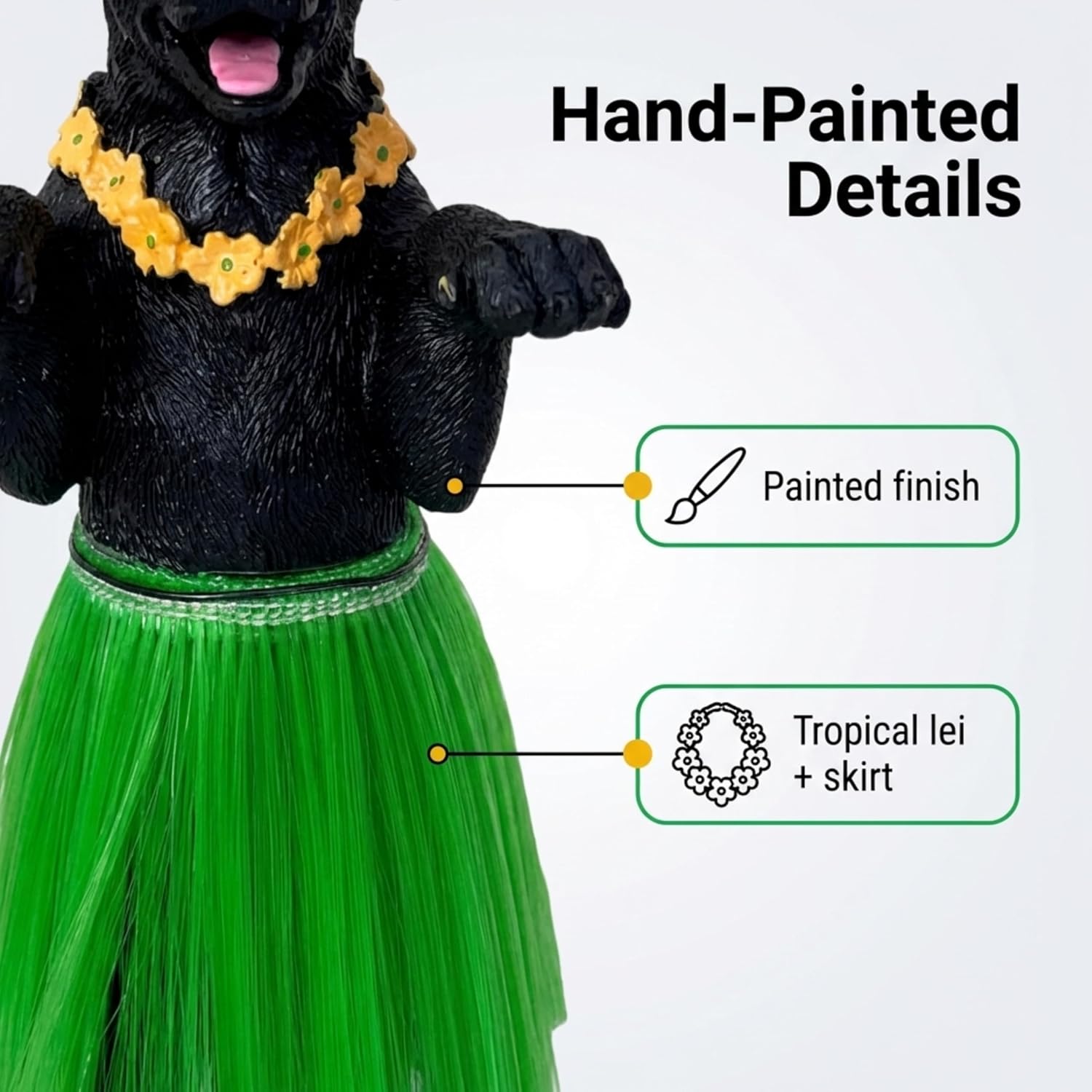 Dashboard Hula Dog Black Labrador Retriever Car Bobblehead Figurine 6 Inches Green Grass Skirt Hawaiian Lei Desk Mantle