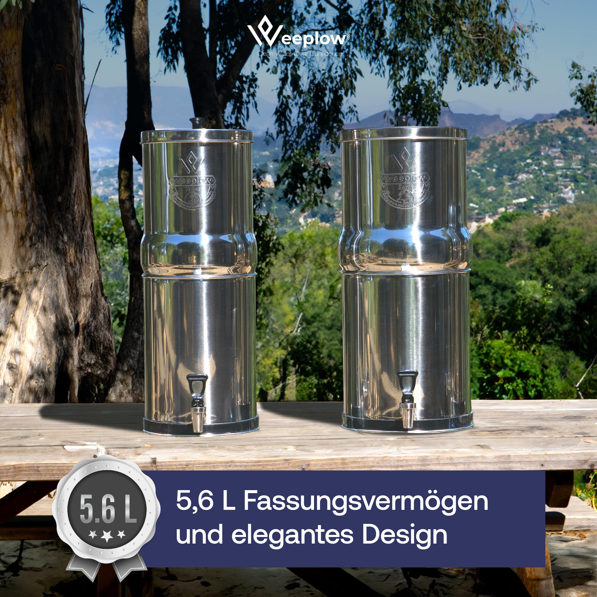 Weeplow Venus ECO Schwerkraft Wasserfiltersystem 5,6 L Edelstahl AISI 304 | AISI 304 Edelstahl mit Auslaufhahn aus Edelstahl. 2 O'Pure 2 Filterelemente enthalten. Filtert ohne Strom und Anschluss.