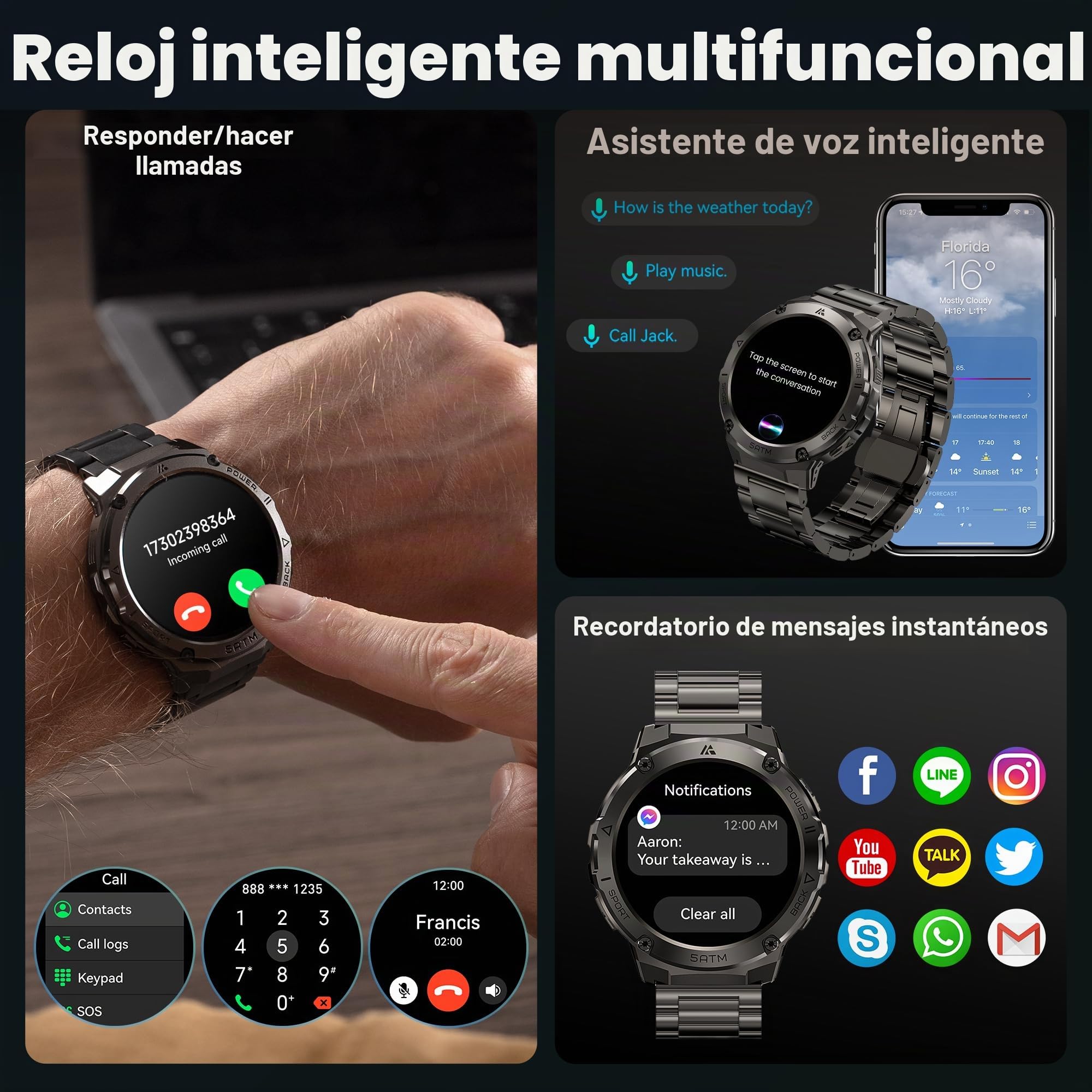 Relojes inteligentes para hombre, GPS, presión, altitud, brújula, batería extragrande de 480 mAh, resistente al agua hasta 50 m, cuerpo de metal completo, reloj inteligente resistente