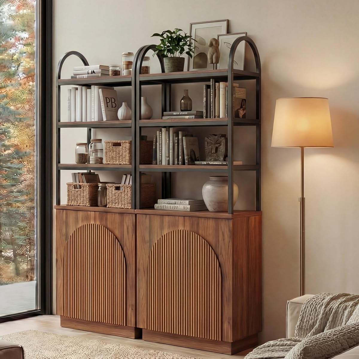 Yechen Modern 70.9" Arched Bookcase with Reeded Design Doors, 7-Tier Tall Walnut Bookshelf with Storage and Cabinet, Adjustable Shelves & Metal Frame, for Living Room, Office, Library(2 Pieces)