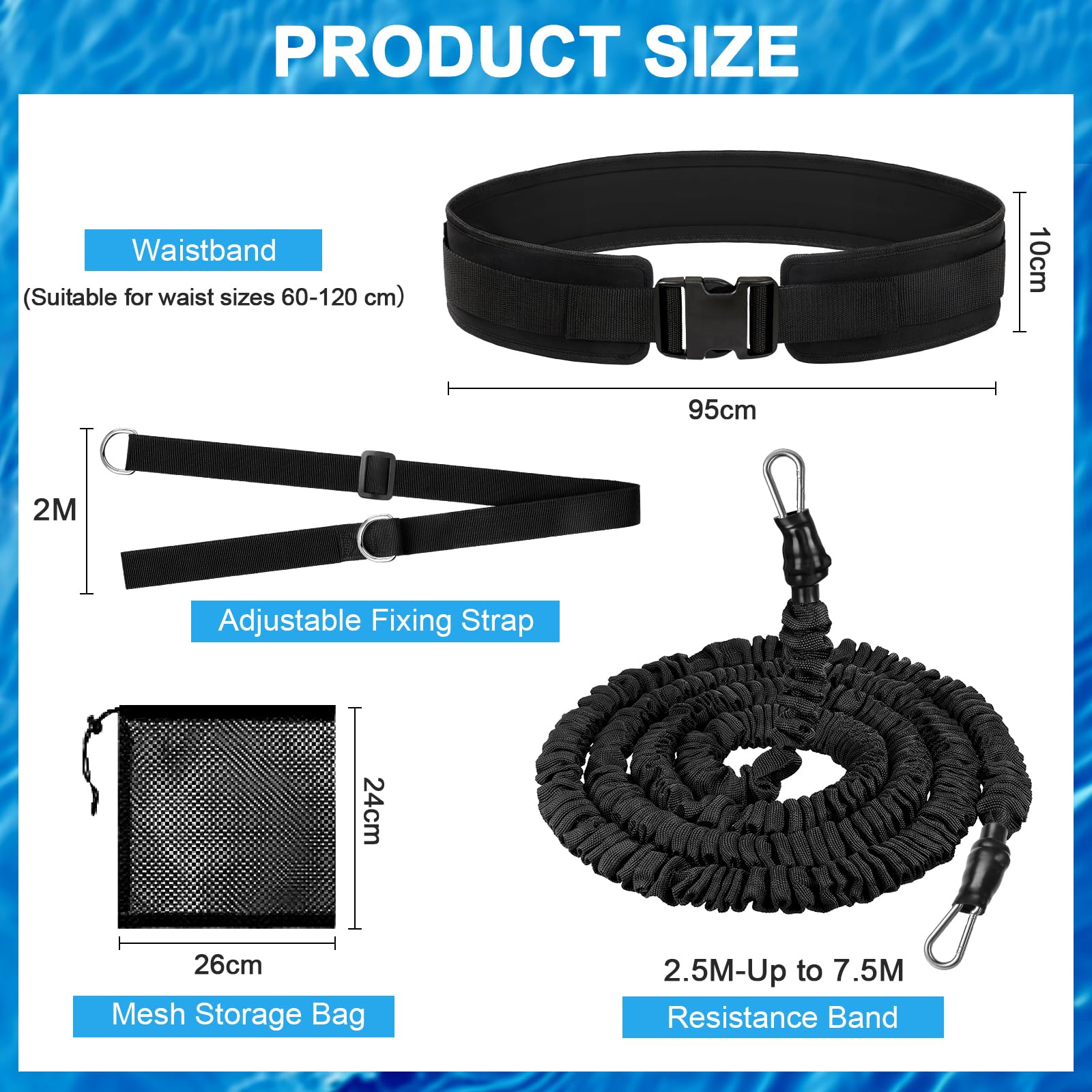 Cinturón de Natación para Piscina Adultos y Niños, 2,5-7,5M Goma Elástico Natación de Látex Natural con Cinturón Ancho y Acolchado, Nadathlon Accesorios Cuerda para Nadar Estatica, Negro