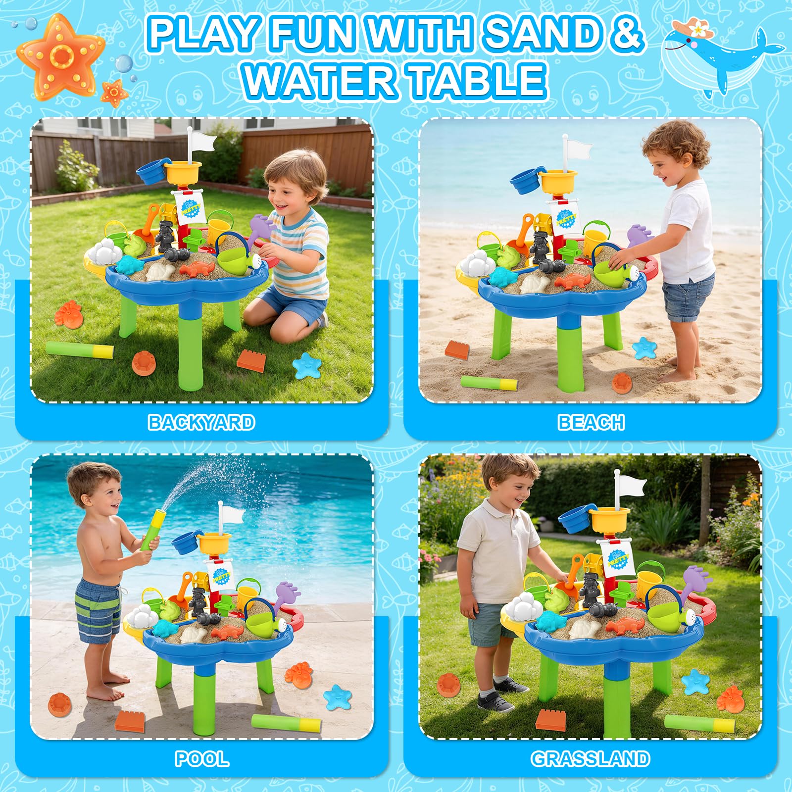 deAO Mesa de Agua y Arena Mesita Infantil para Juegos y Actividades Infantiles al Exterior Incluye Accesorios y Moldes con Diseño Multicolor