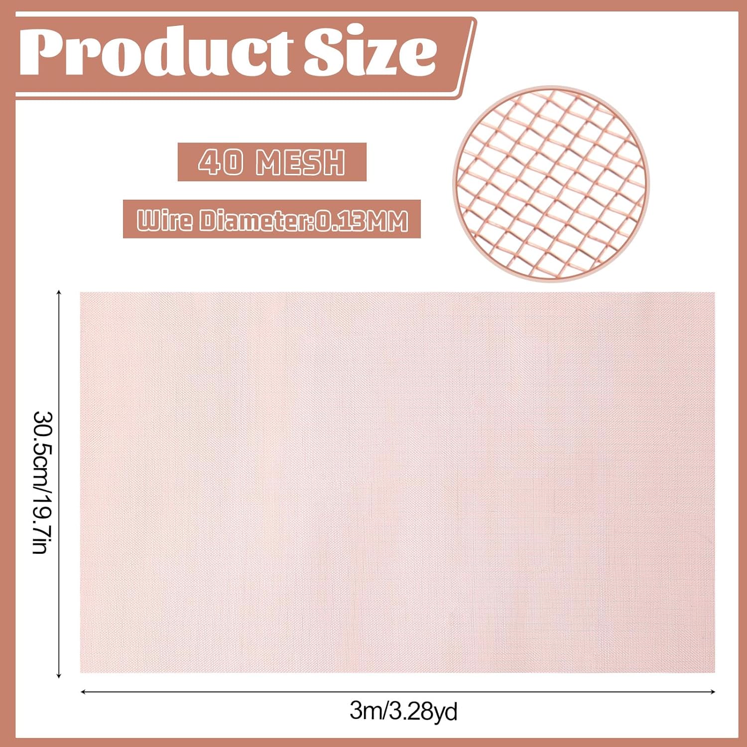 Copper Mesh Screen Roll 12" x 10 ft 40 Meshes Wire Coppers Fabric Filter Screens Meshes for Grounding Dense Woven Window Protection Crafts