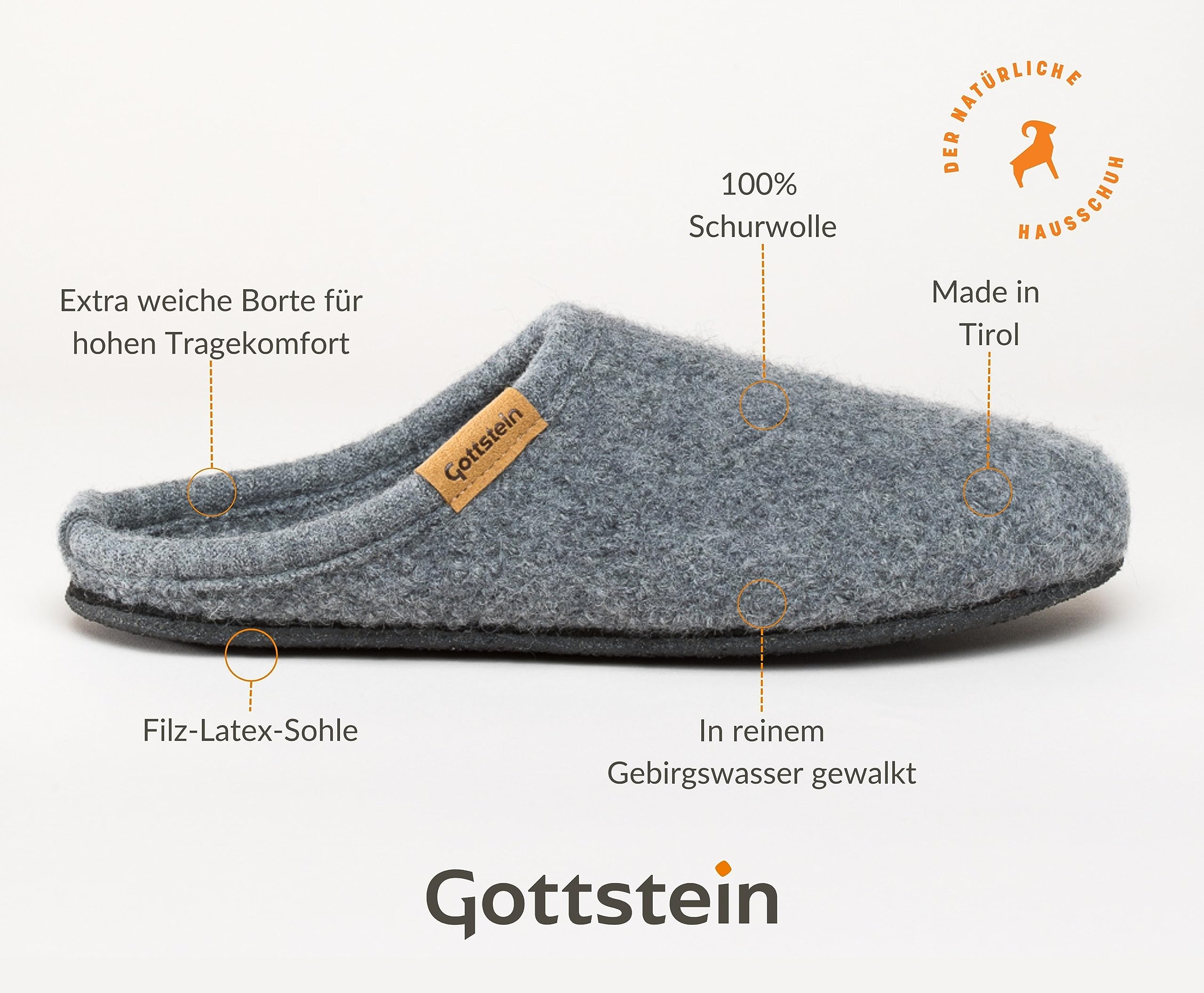 Gottstein Filzpantoffel Alpine Light aus Mulesing-freier Schaf-Schurwolle – Handgefertigte Hausschuhe aus Wollfilz für Damen & Herren Größe EU 36-48 – Patentierte naturub® Naturkautschuksohle