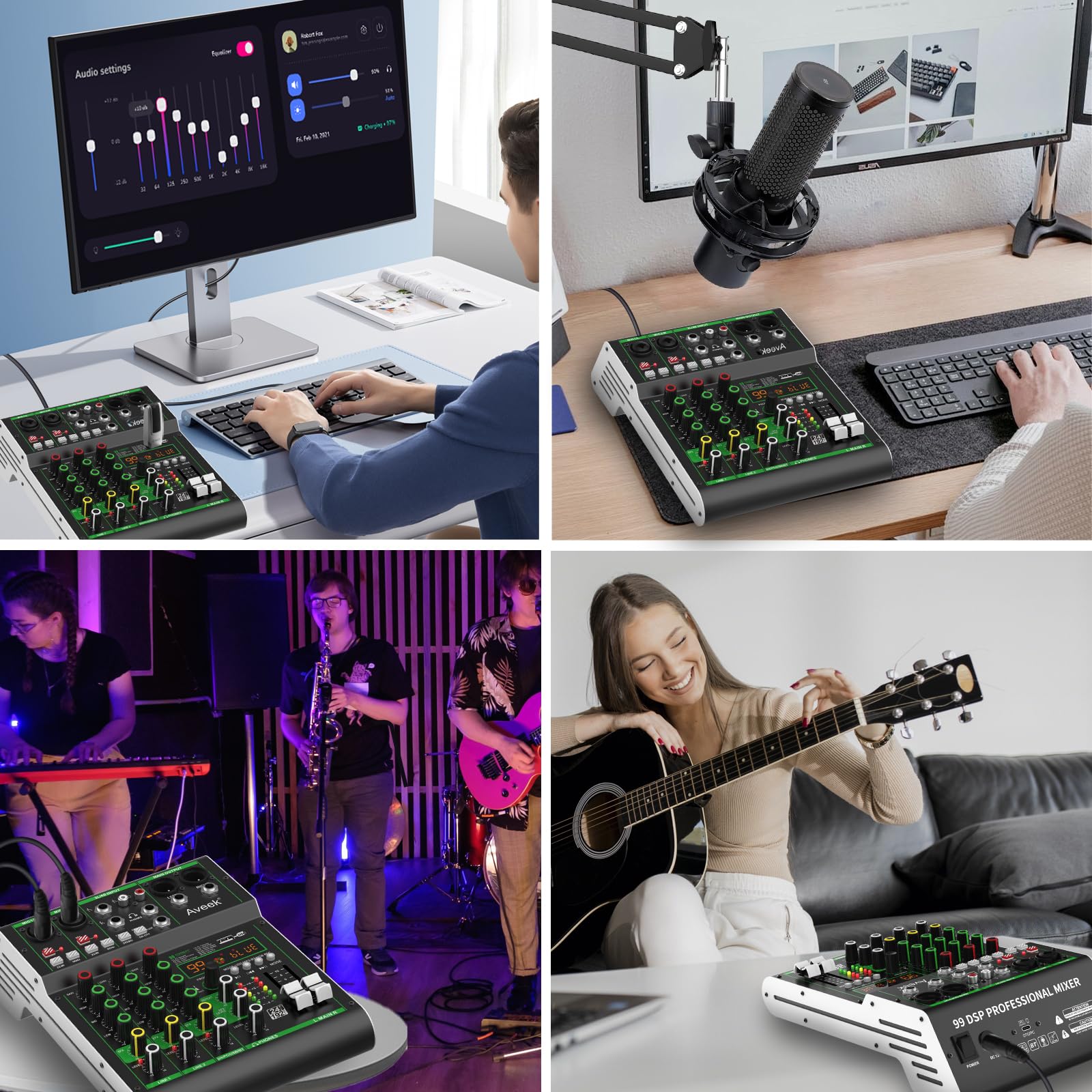 Aveek Audio Mixer,Professional Sound Board Mixing Console with USB Drive/Bluetooth/Computer/4 Channel Stereo Input DJ Mixer,48V Phantom Digital 99 DSP Effect for PC Recording Karaoke Studio Streaming