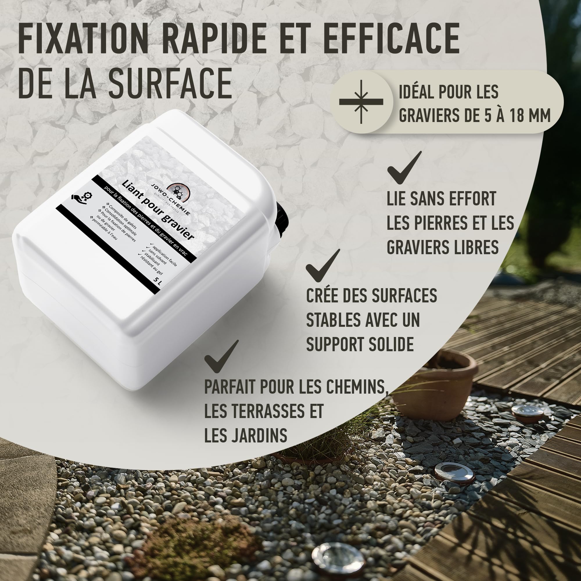 Liant pour gravier extérieur 5L – Stabilisateur de gravier & colle cailloux pour allées, terrasses et jardins | Fixateur drainant anti-déplacement pour gravier, pierre et galet décoratif.