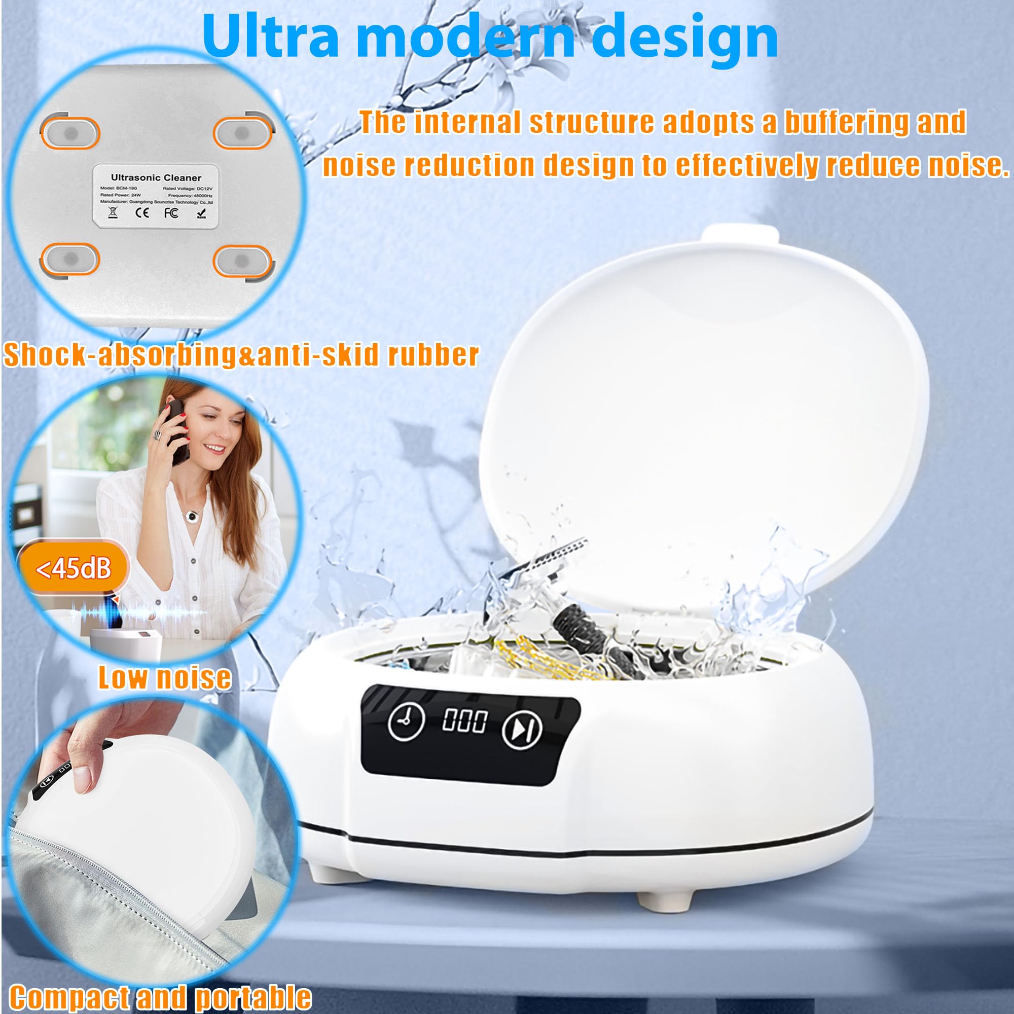 Pulitore ad ultrasuoni a ultrasuoni, 48 kHz, 700 ml, portatile, per apparecchi acustici, paradenti, allineatori, spazzolini da denti, occhiali, gioielli (bianco)