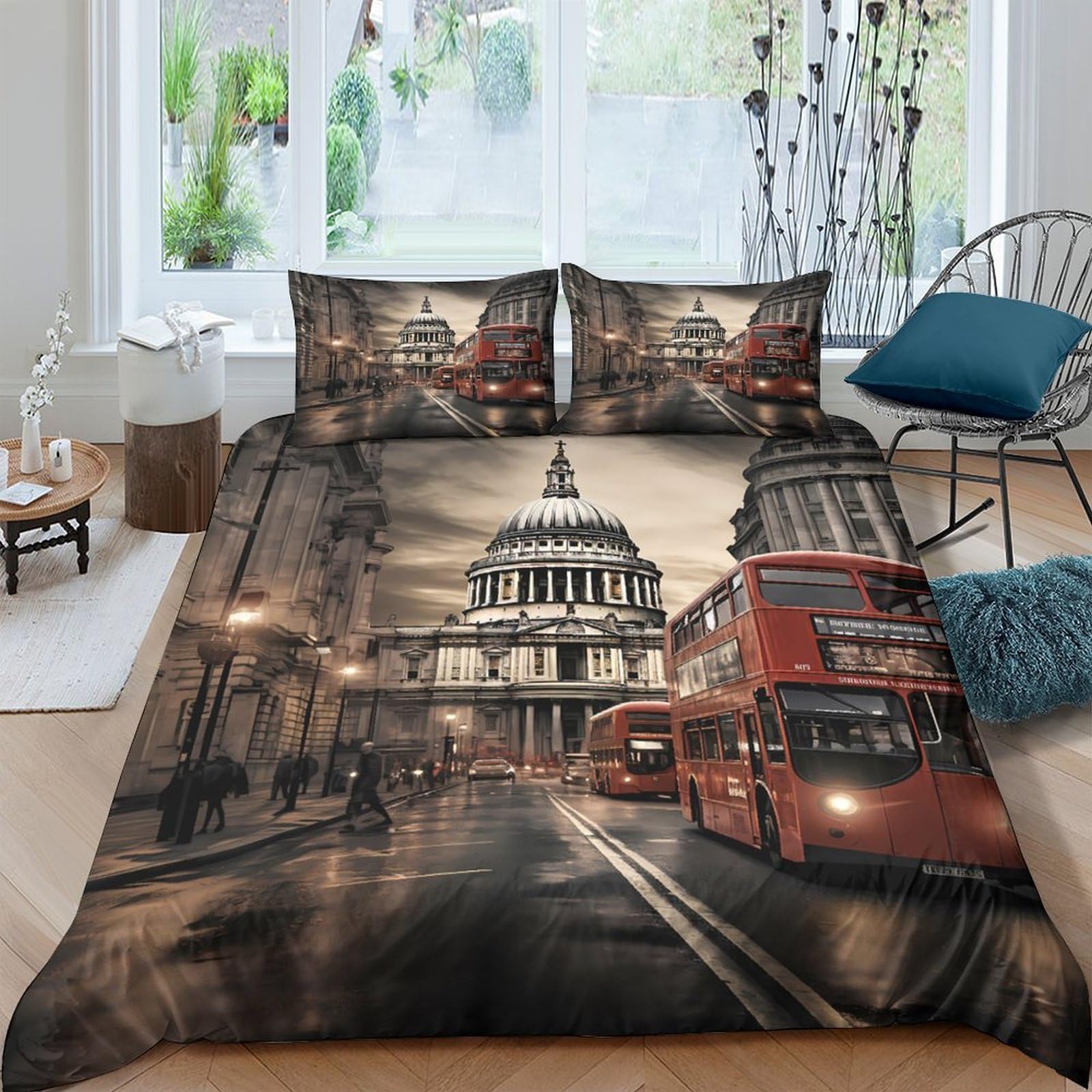 Ctjqhvkz Style-5 3D Printed London City Red Bus Fitted Sheet Microfiber Soft Urban Street Bed Cover For Bedroom Dorm Mattress Decor Single（135X200cm）