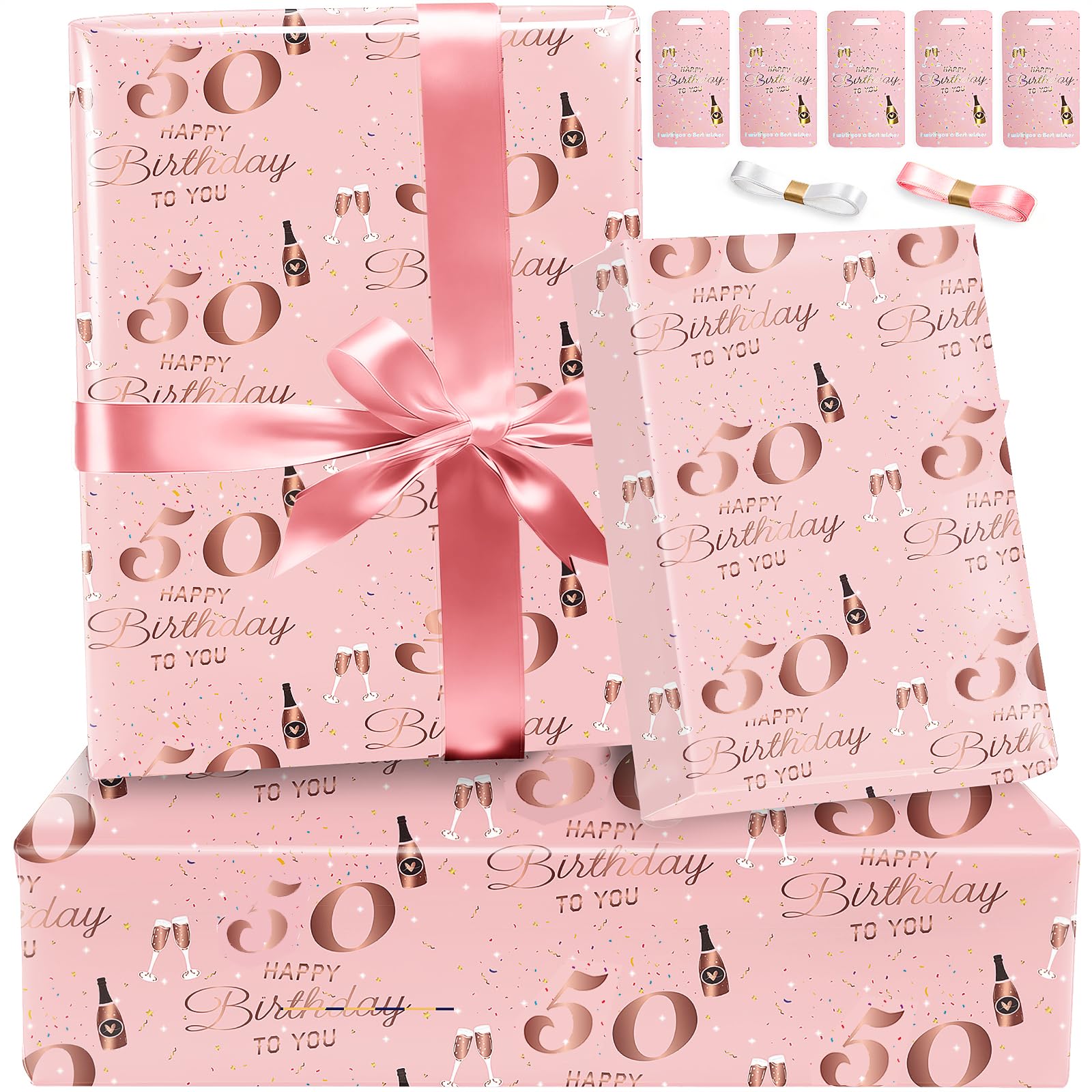 50th Birthday Wrapping Paper Set and Ribbon Tag,Luxury Gift Wrap Birthday Paper for Women Female Ladies,Recyclable Eco Gift Wrapping Paper Elegant Present Paper for Birhtday Gift,Rose Gold