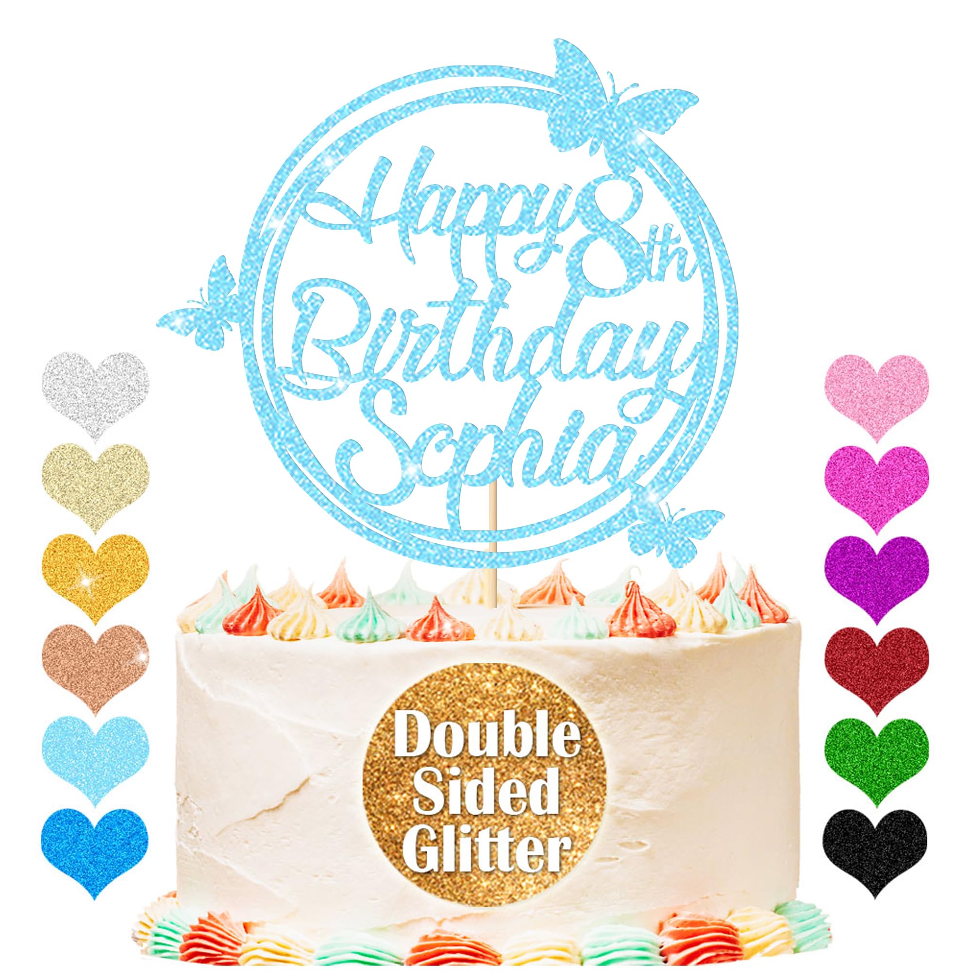 Personalised Happy Birthday Glitter Cake Topper, Custom Cake Topper Any Name & Age, Round Butterfly Cake Toppers, Birthday Party Cake Decorations for 18th 30th 40th 50th 60th 70th (Baby Blue)